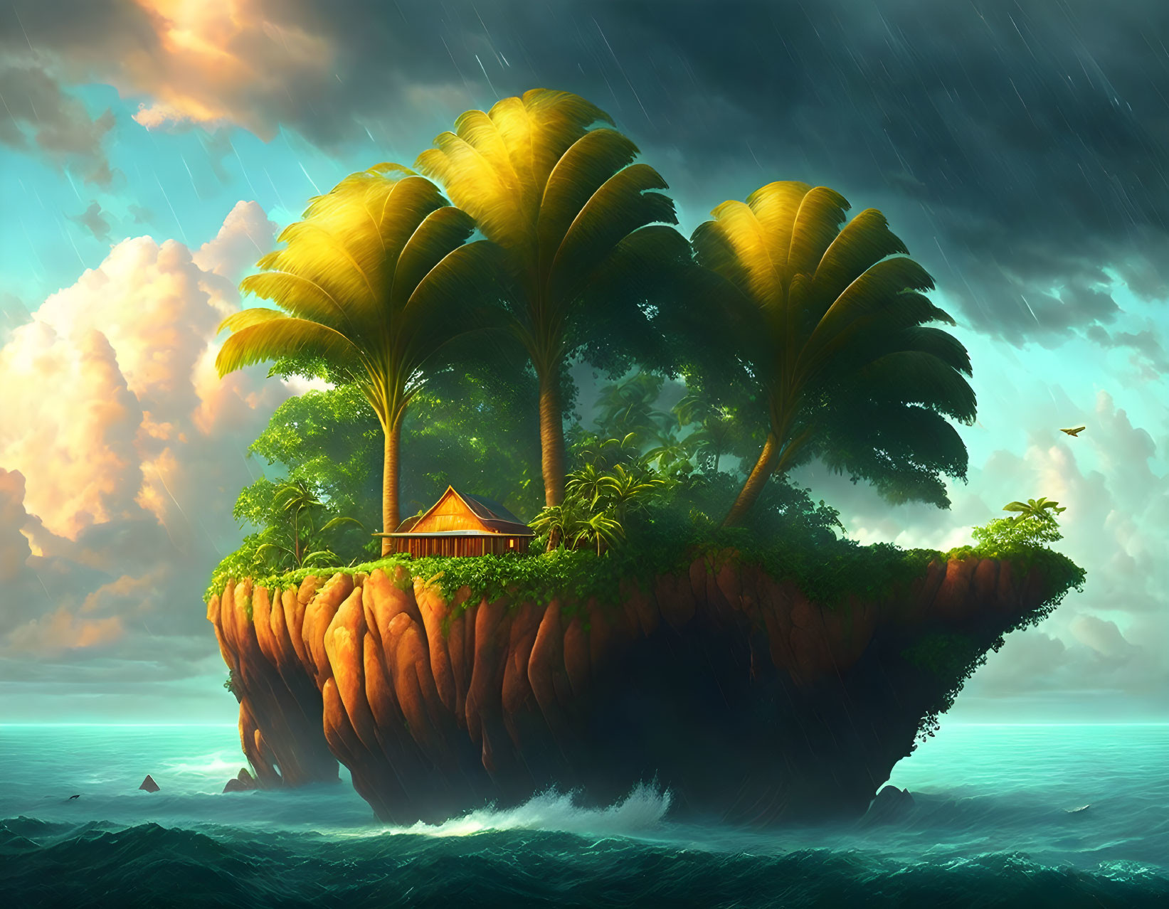 Lush palm trees on tranquil floating island with solitary house amidst stormy sea and dramatic sky