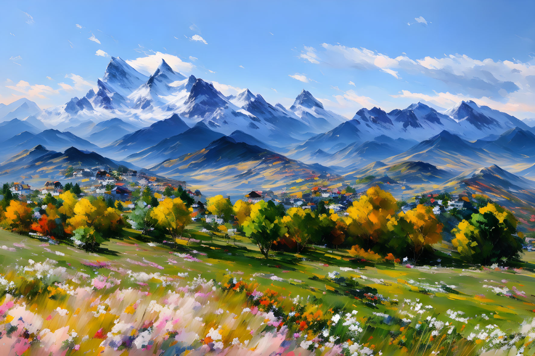 Colorful Landscape Painting with Wildflowers, Hills, Trees & Mountains