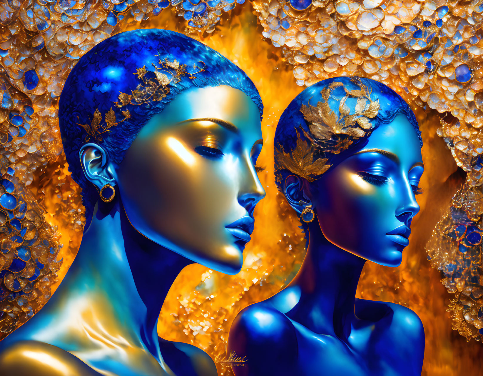 Blue and gold-leaf mannequin heads on textured background