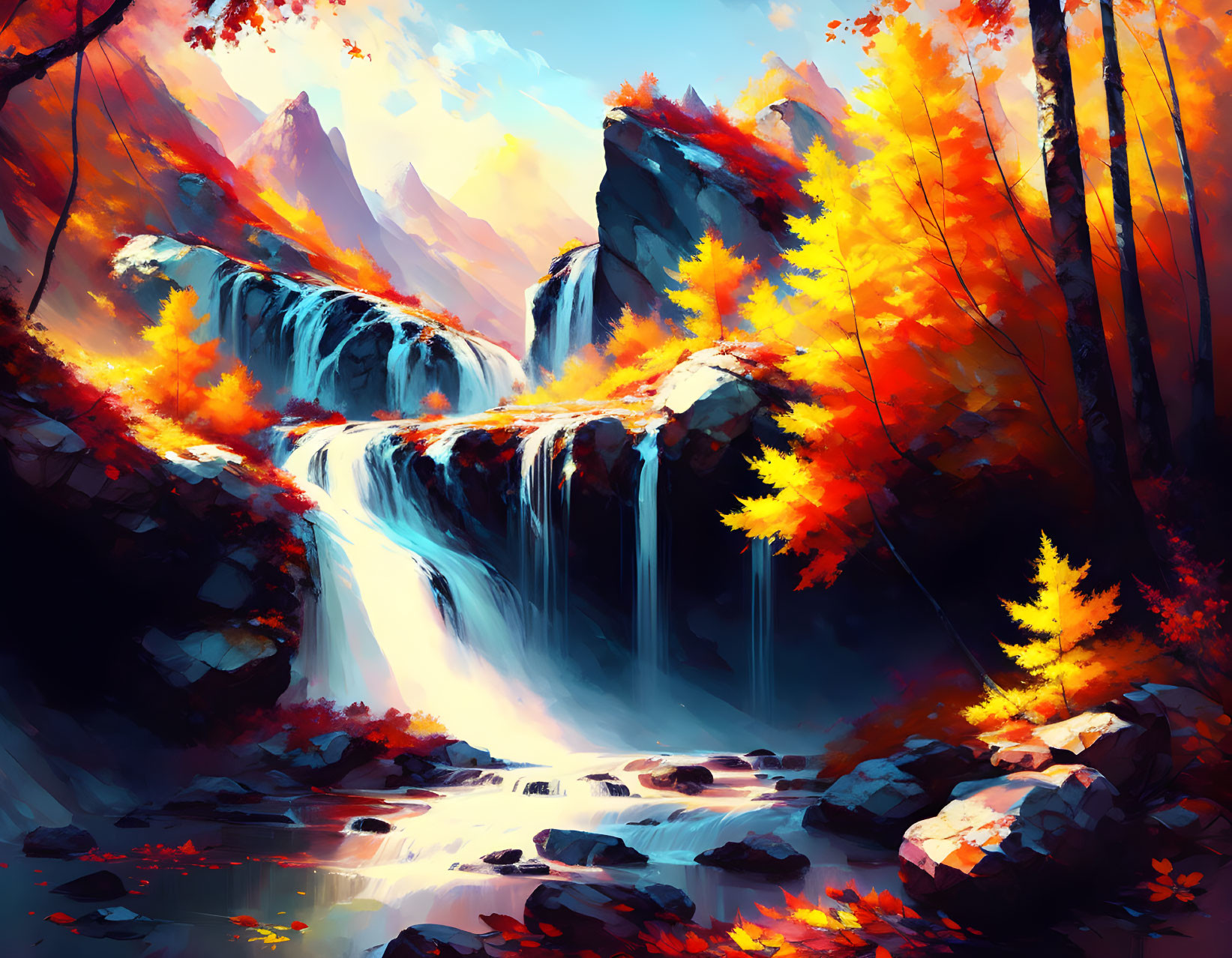 Scenic autumn waterfall with orange and yellow foliage against mountain backdrop