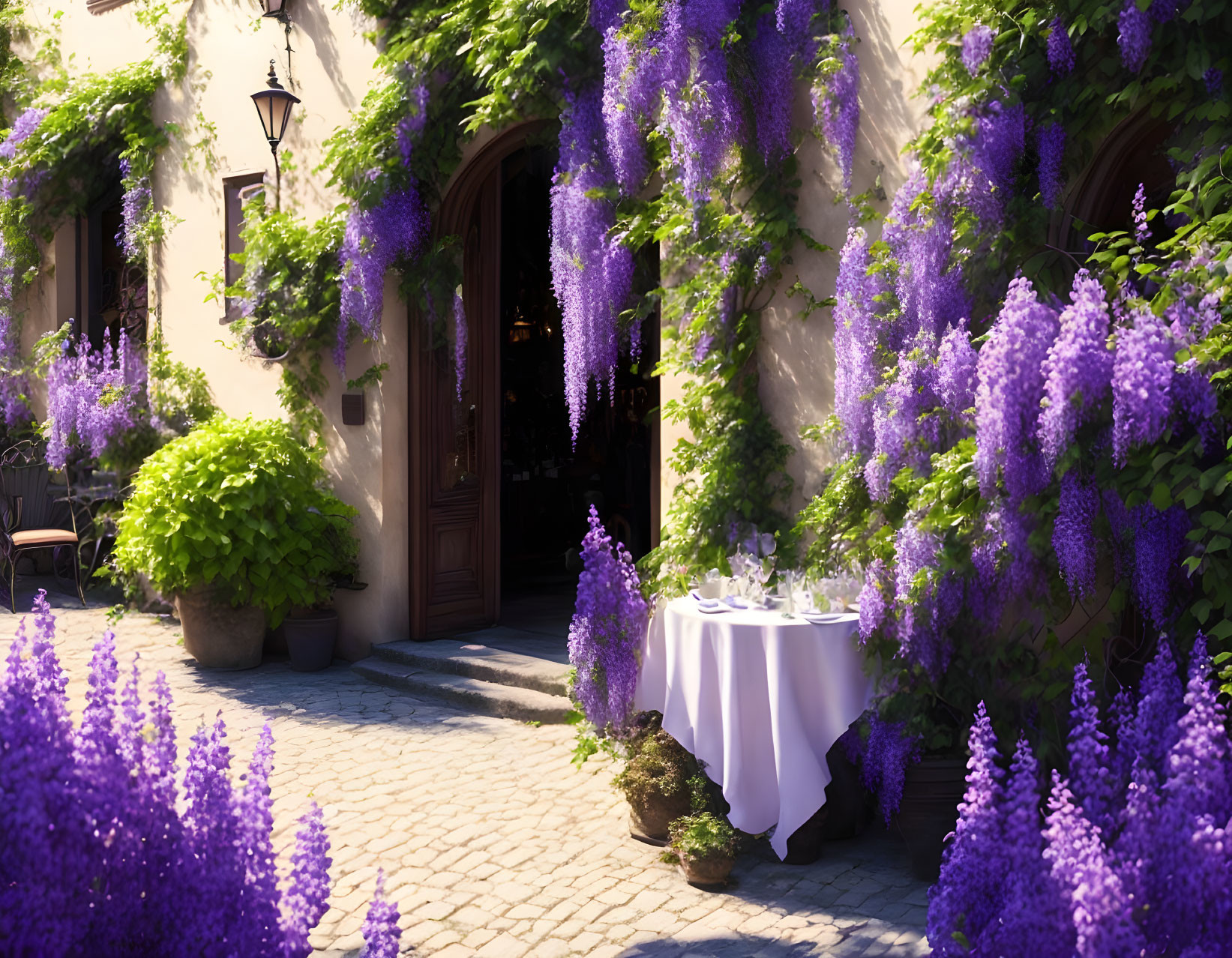 Charming outdoor dining area with hanging wisteria and lush greenery