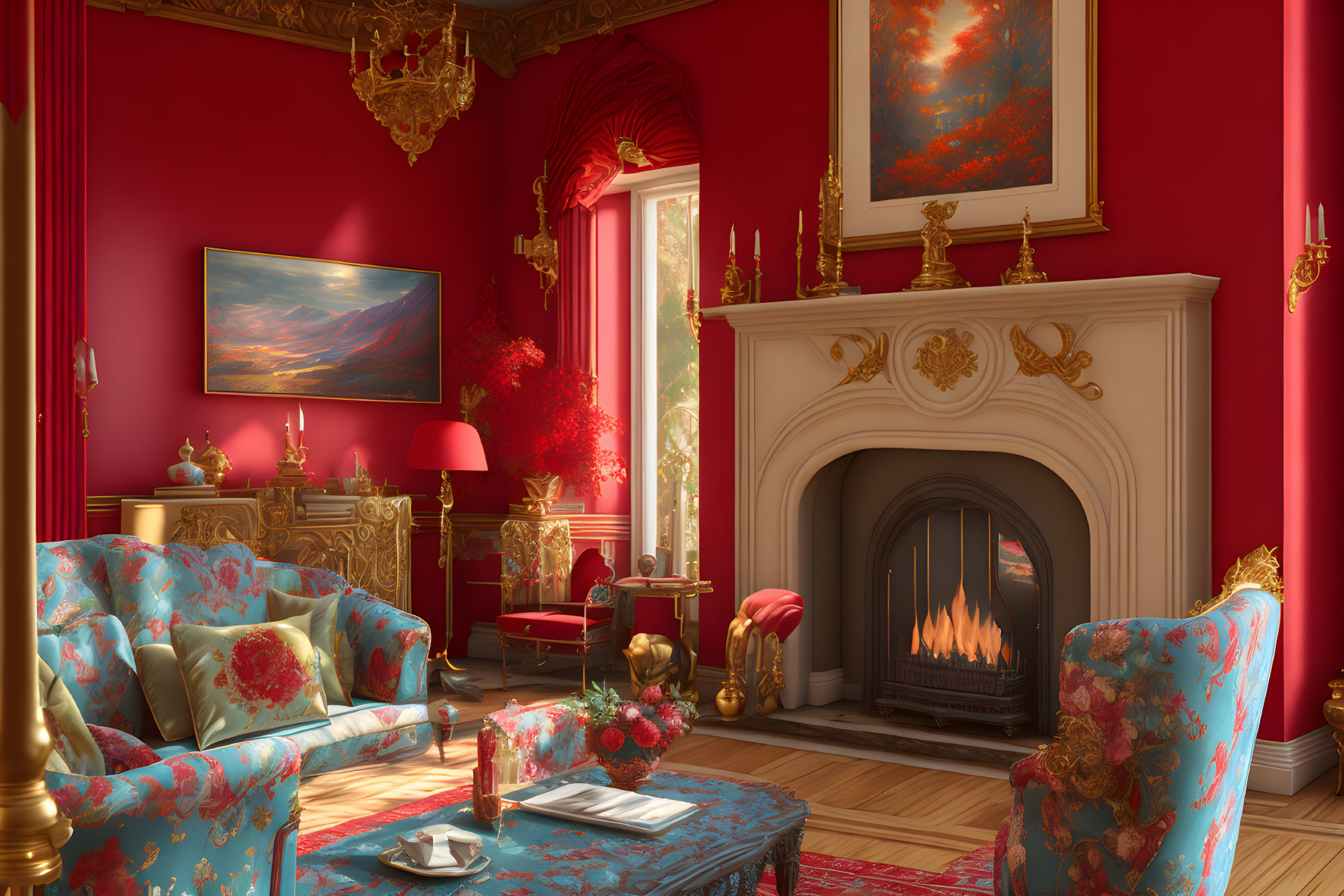 Luxurious Red Living Room with Fireplace and Gold Accents