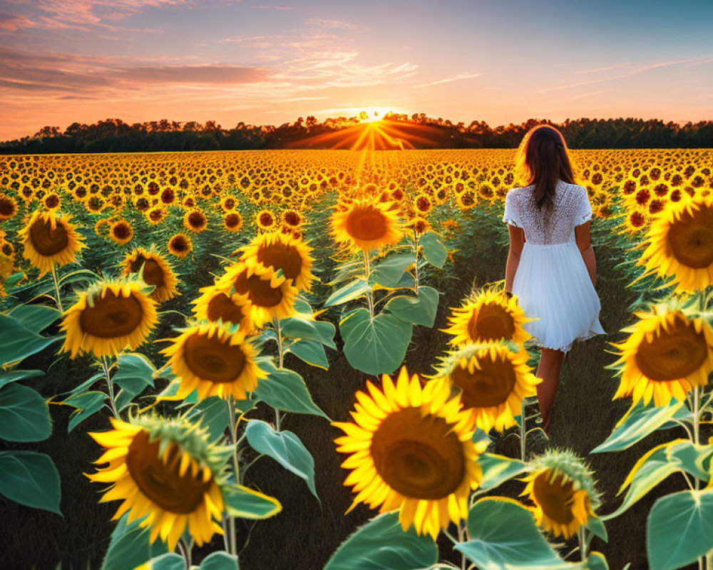 Woman in white dress surrounded by sunflowers at sunset in a field