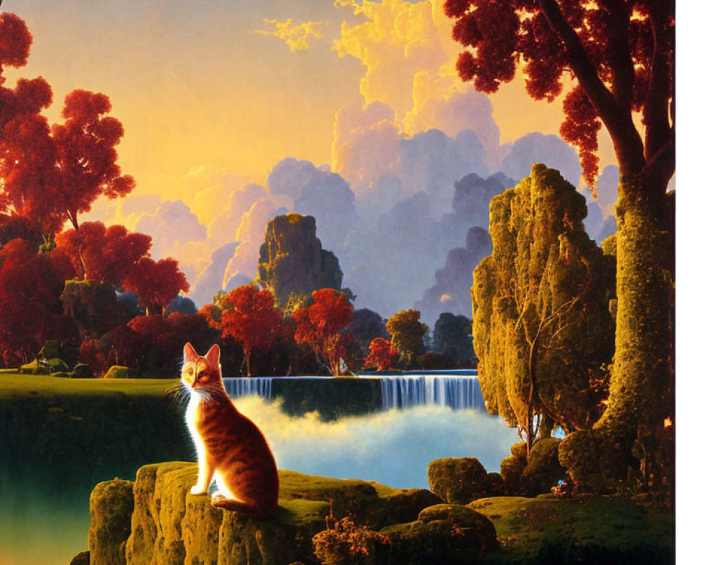 Cat observing serene landscape with waterfalls at sunset