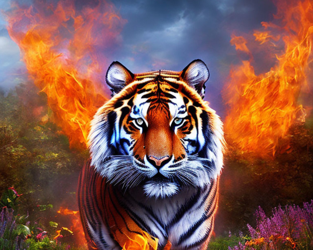 Fierce tiger in flames with purple flowers and smoky sky