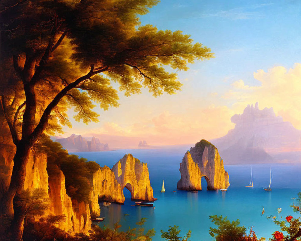 Coastal Landscape Painting with Rock Formations and Sailboats