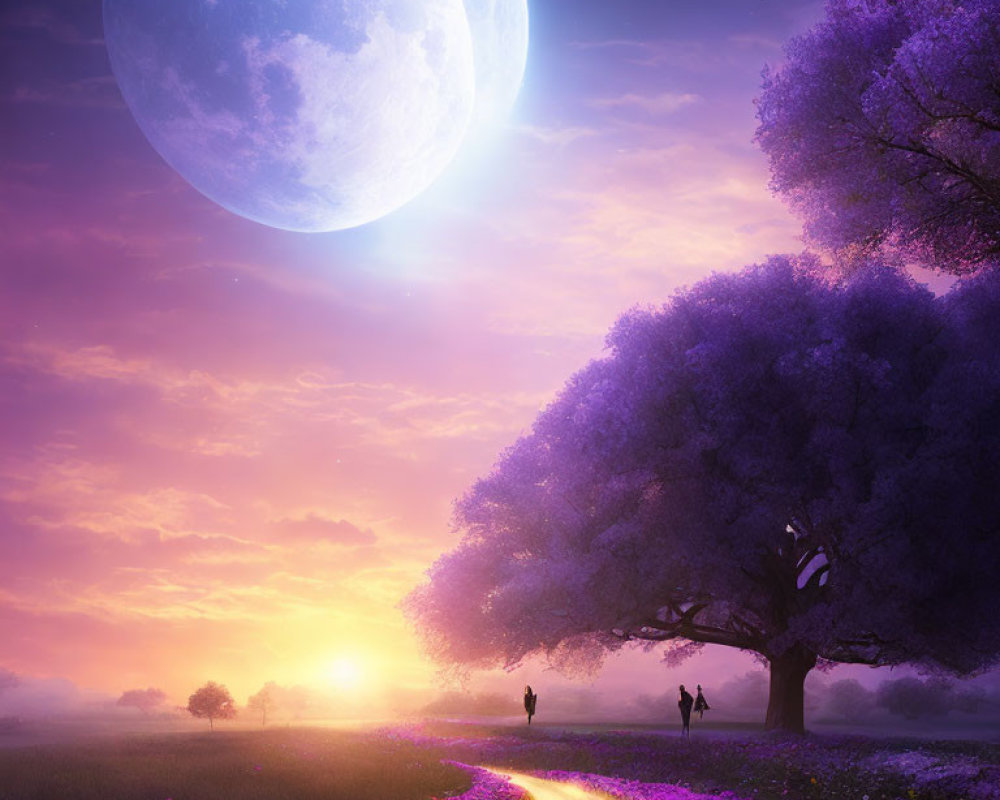 Surreal dusk landscape with large moon, purple trees, winding path, flowers, and figures walking