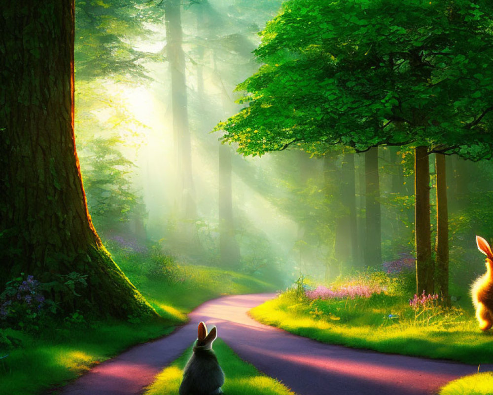 Tranquil Forest Scene: Sunlight, Trees, Rabbit