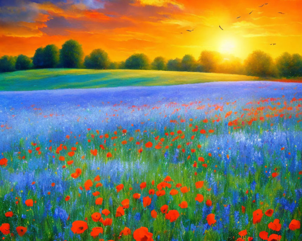 Colorful landscape with bluebonnet field, red poppies, green trees, and dramatic sunset sky