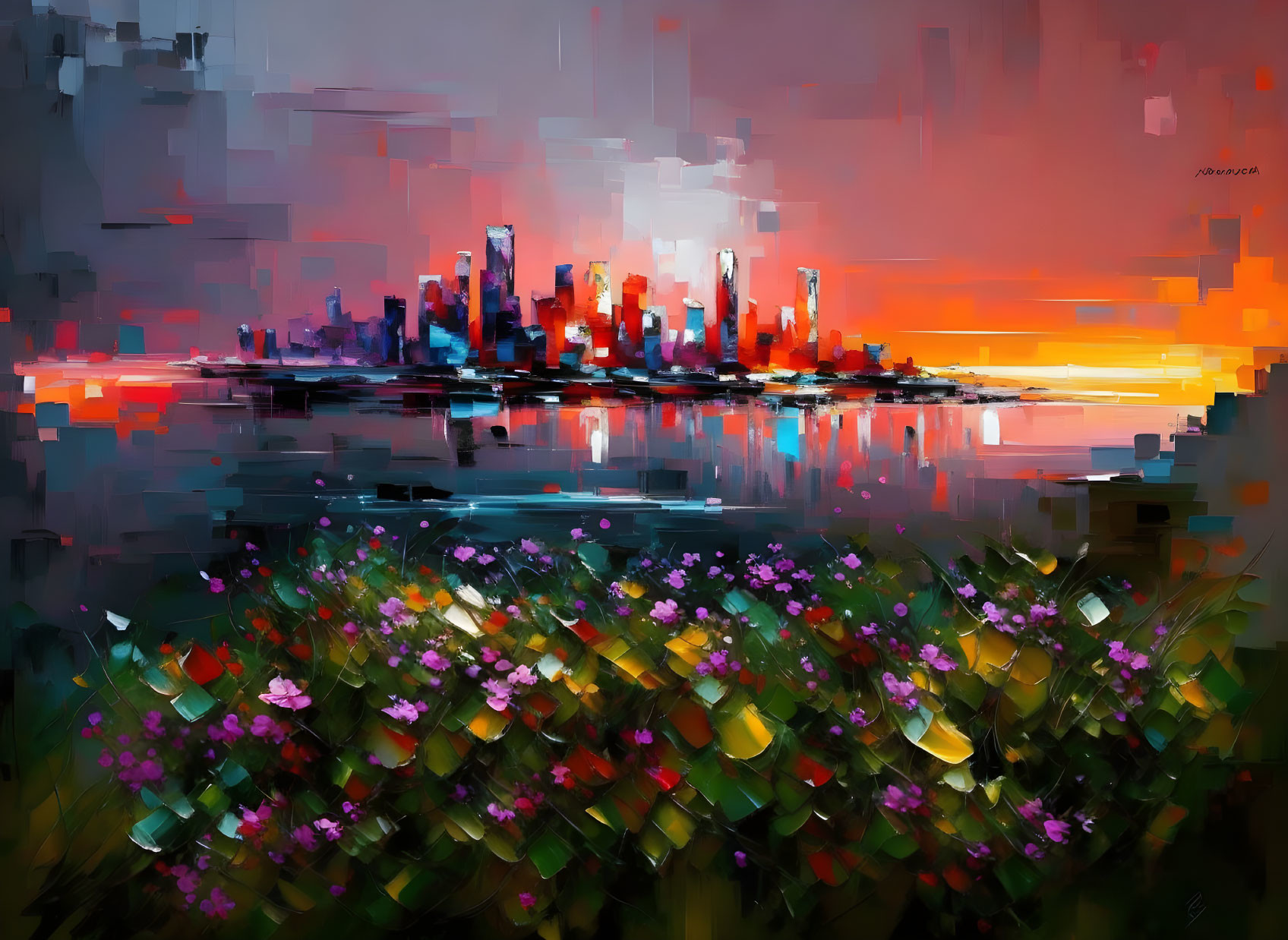 Vibrant abstract cityscape with skyline reflection and vibrant flowers in bold brush strokes.