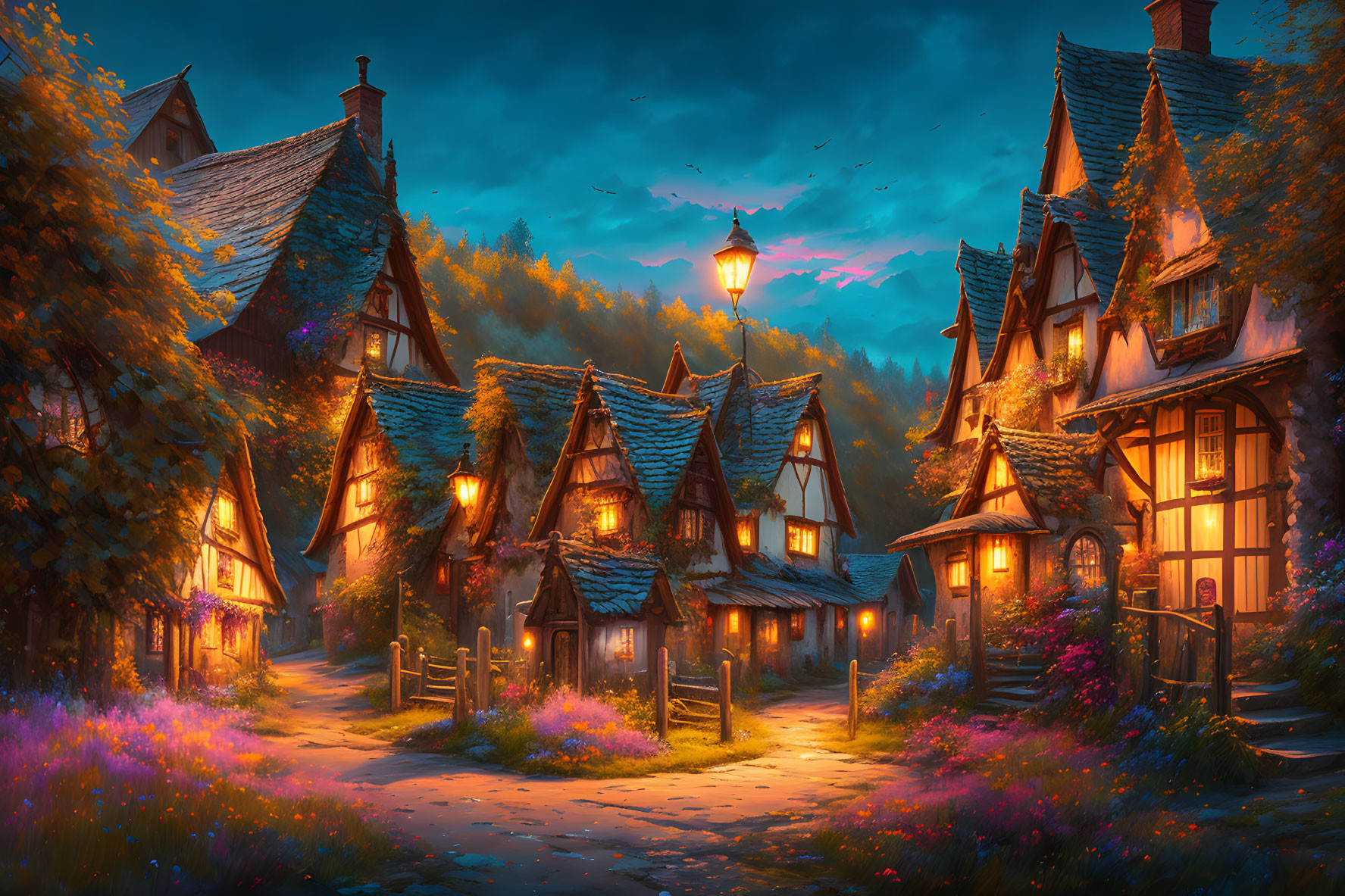 Twilight village scene with thatched-roof cottages and glowing lanterns