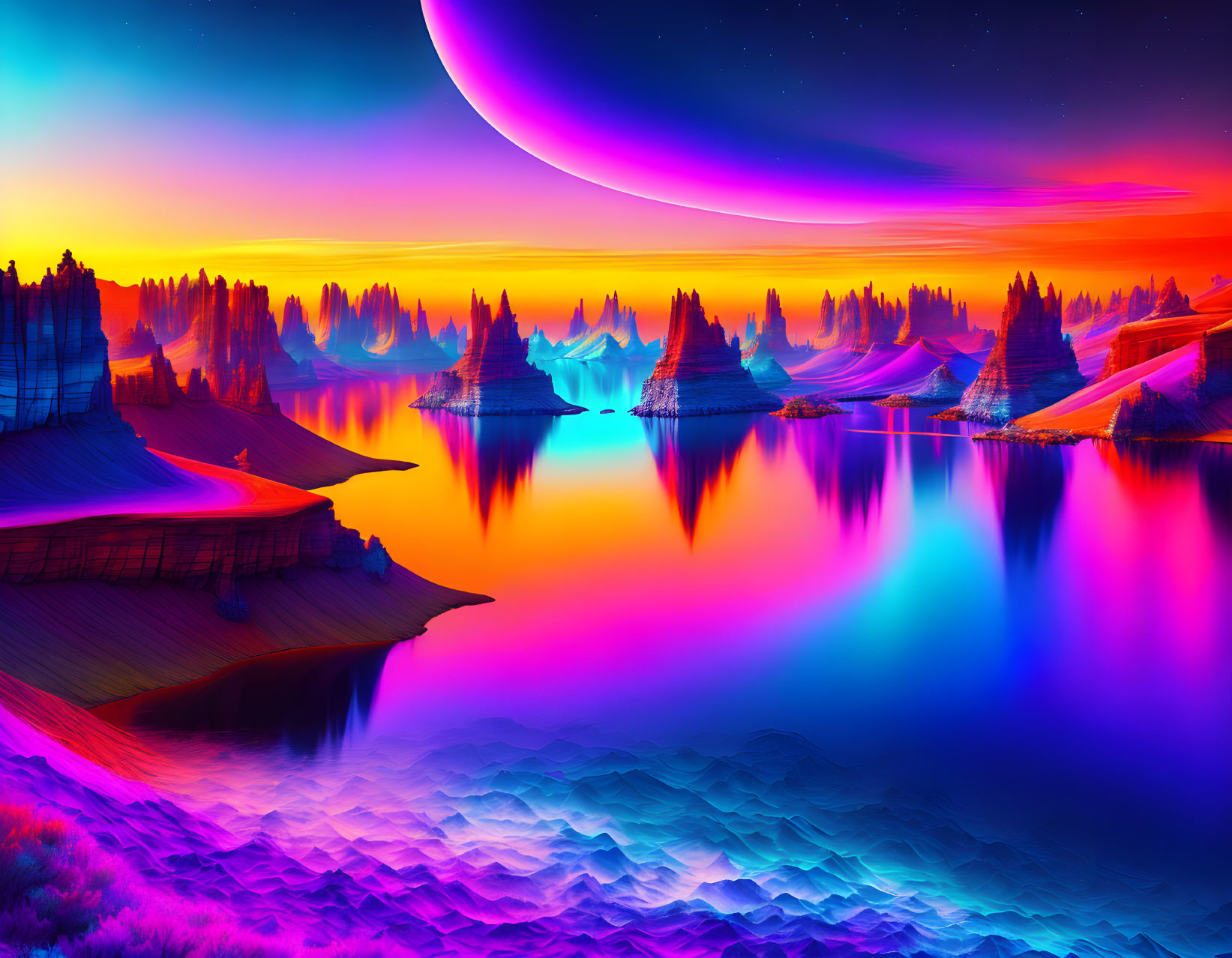Neon-lit landscape with colorful trees and crescent planet