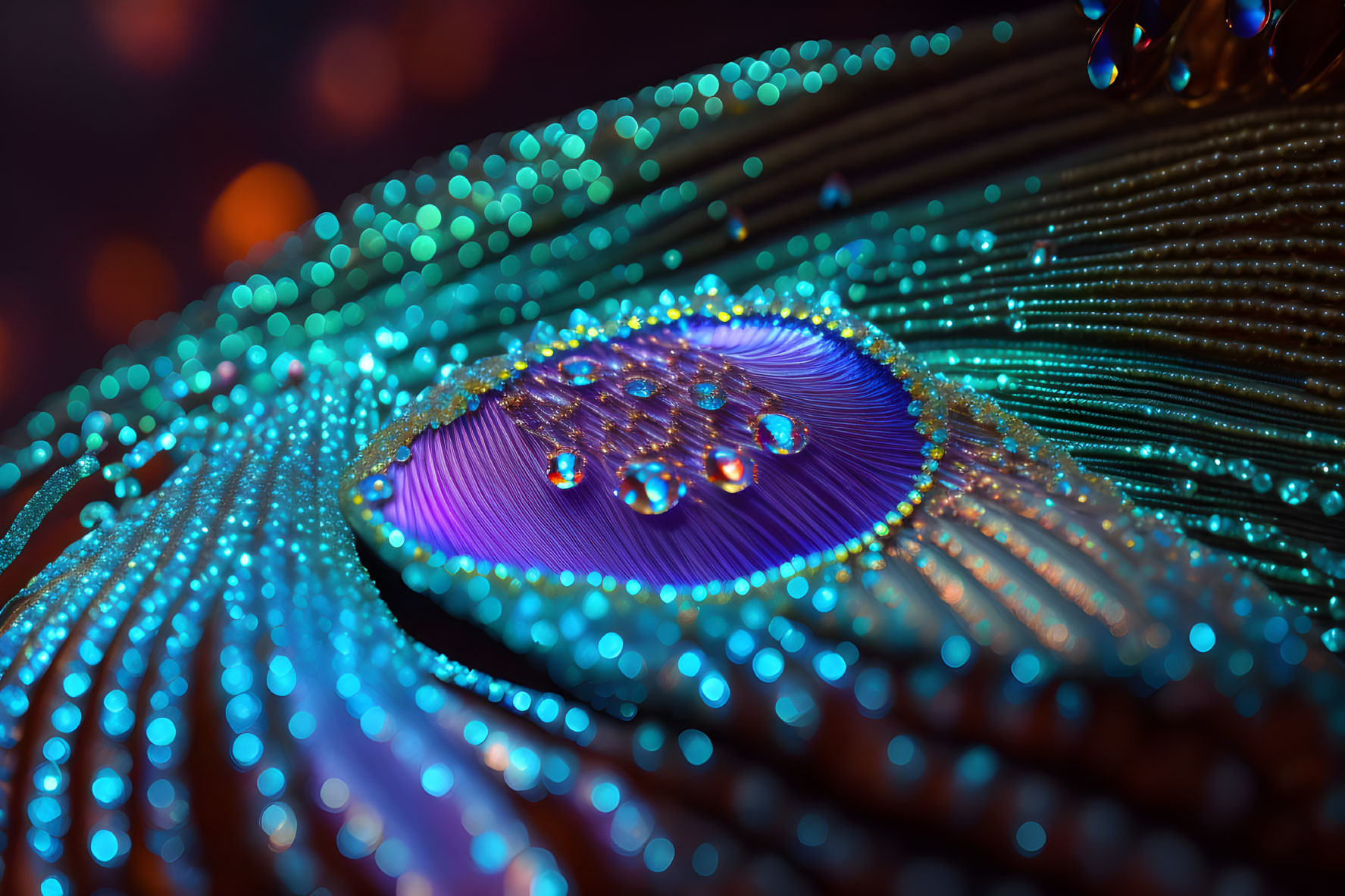 Vibrant blue peacock feather with water droplets on bokeh light background