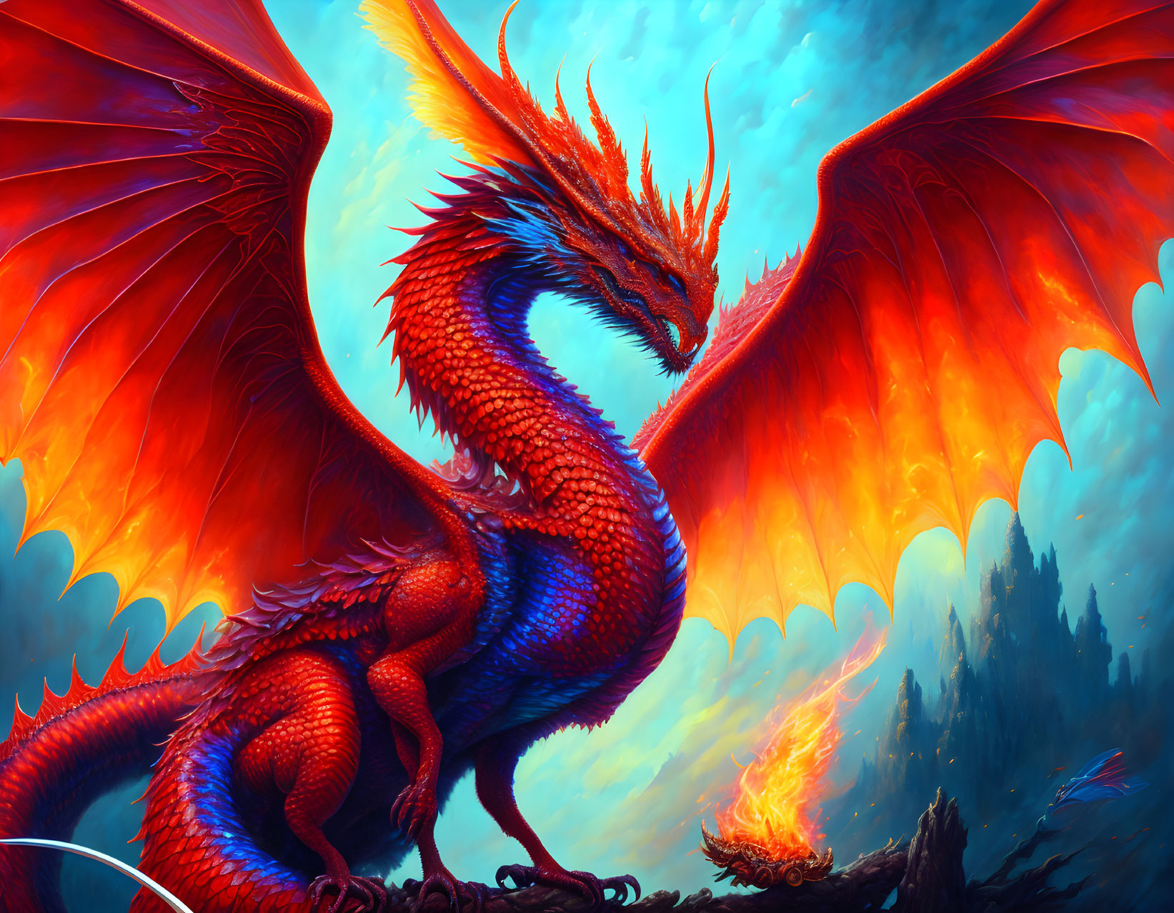 Majestic red and blue dragon breathing fire in mythical landscape