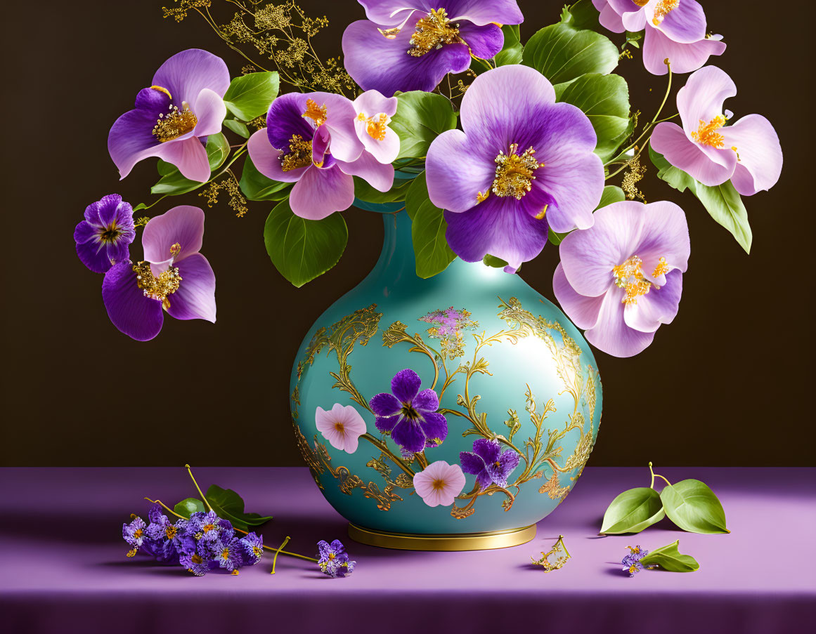 Purple and Gold Flower Arrangement in Turquoise Vase on Purple Surface