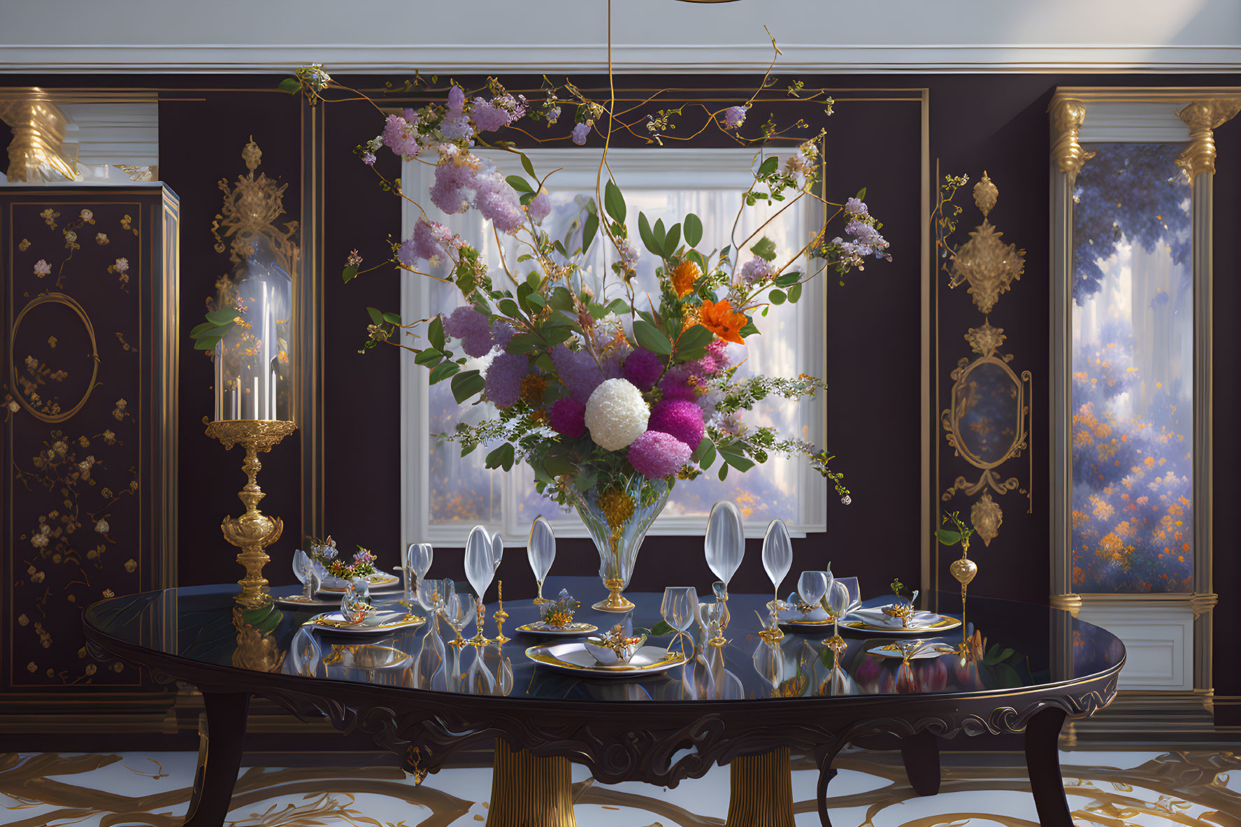 Luxurious dining room with floral centerpiece, fine china, golden accents, and autumn tree views