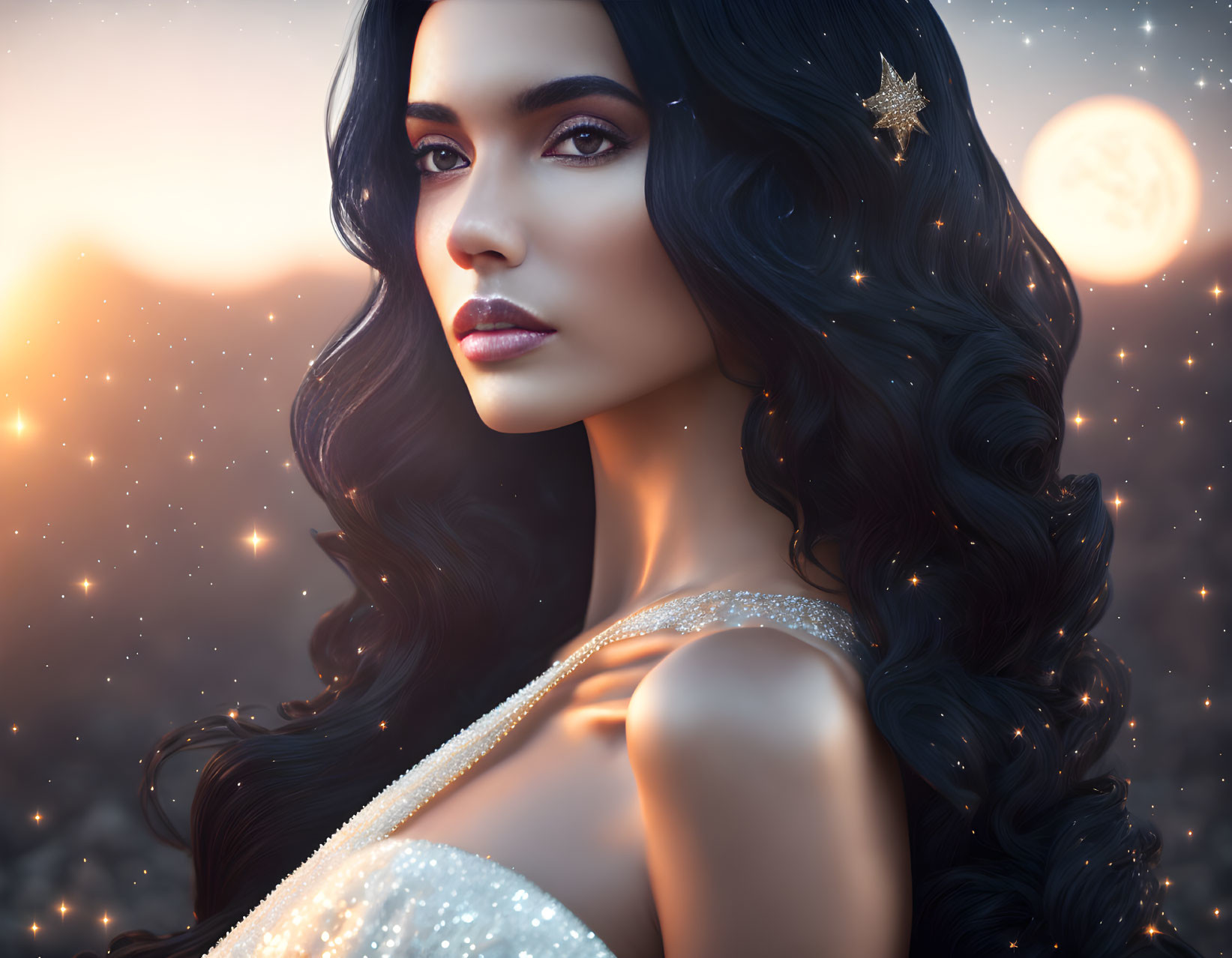 Dark-haired woman with star hairpin in glittery dress against twilight sky