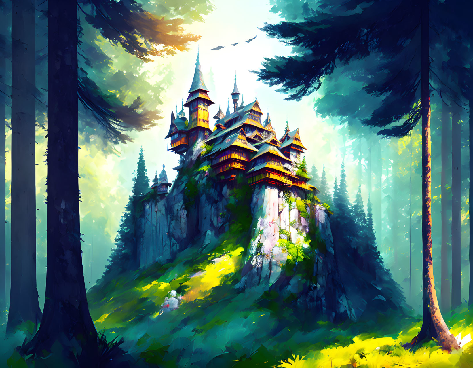 Majestic castle on rocky hill in lush forest under sunlit sky