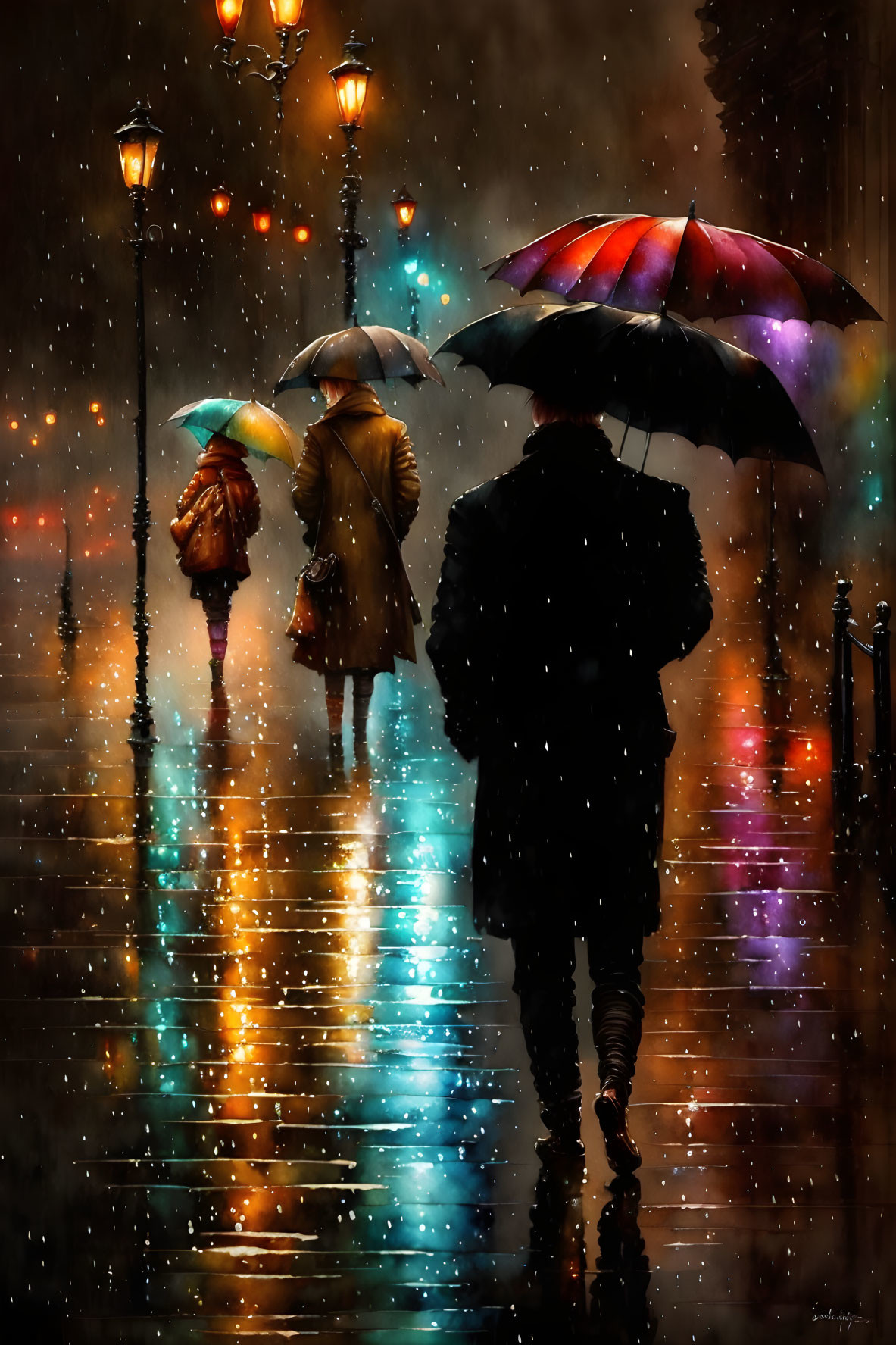 Night scene: Three people with umbrellas on wet street, under warm streetlights.