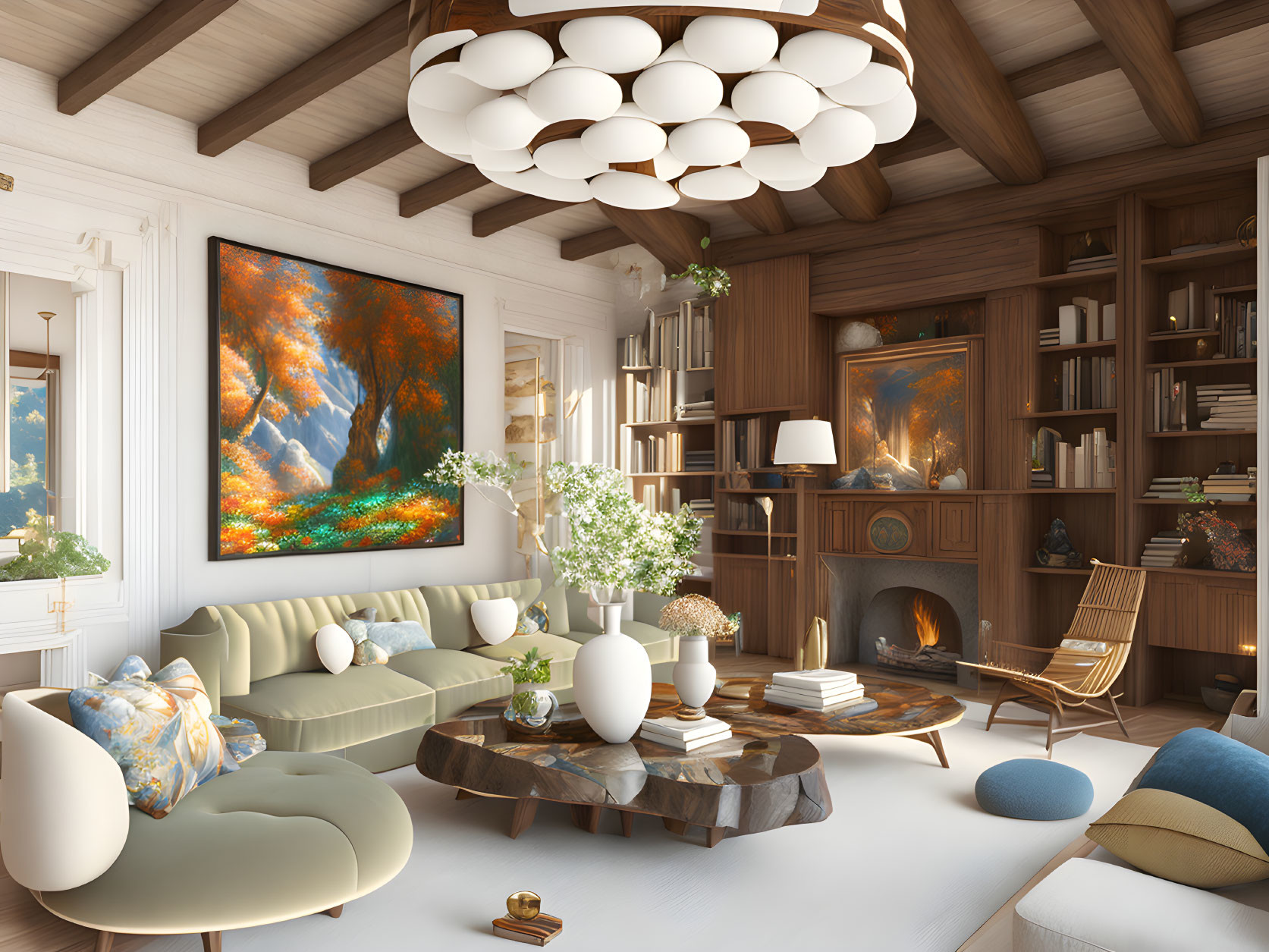 Warmly Lit Room with Wooden Interior, Fireplace, Bookshelves, Modern Furniture, Autumn Painting