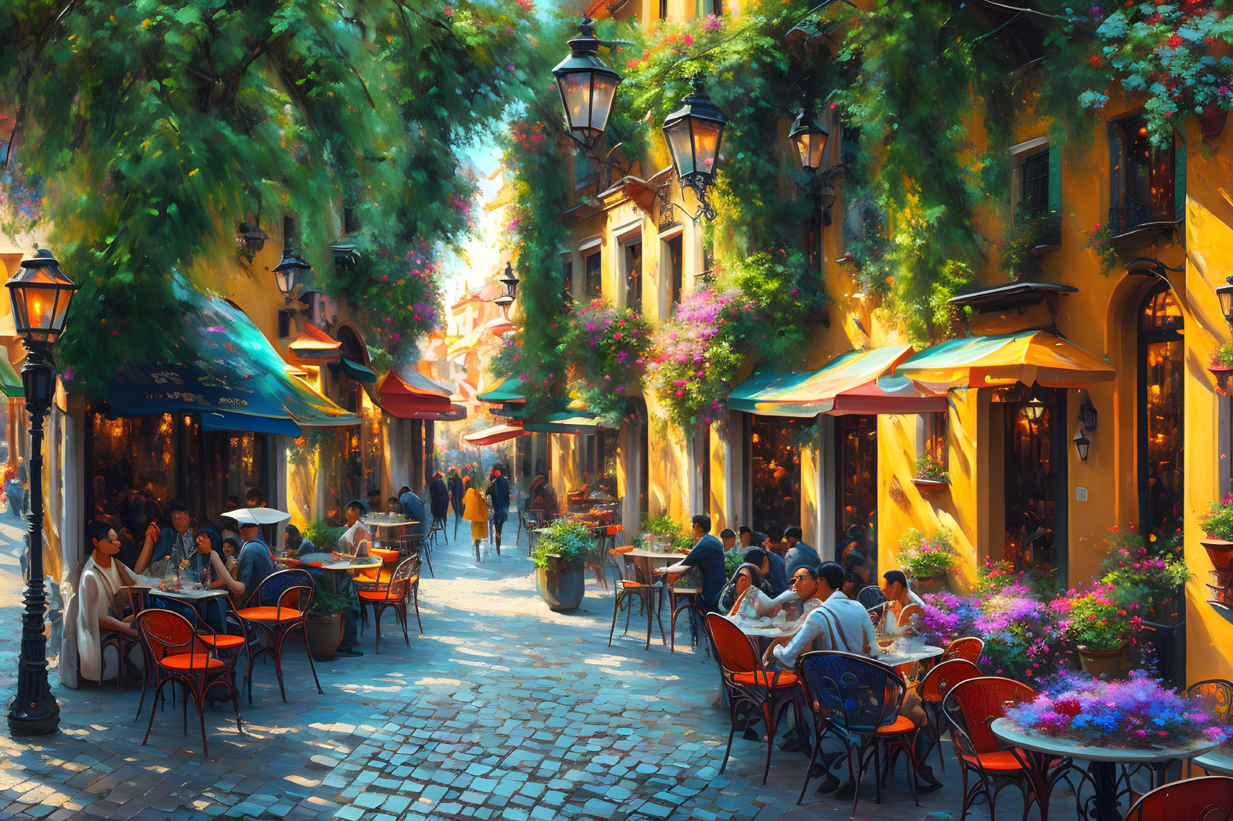 Busy street scene with outdoor cafes, greenery, flowers, colorful buildings.