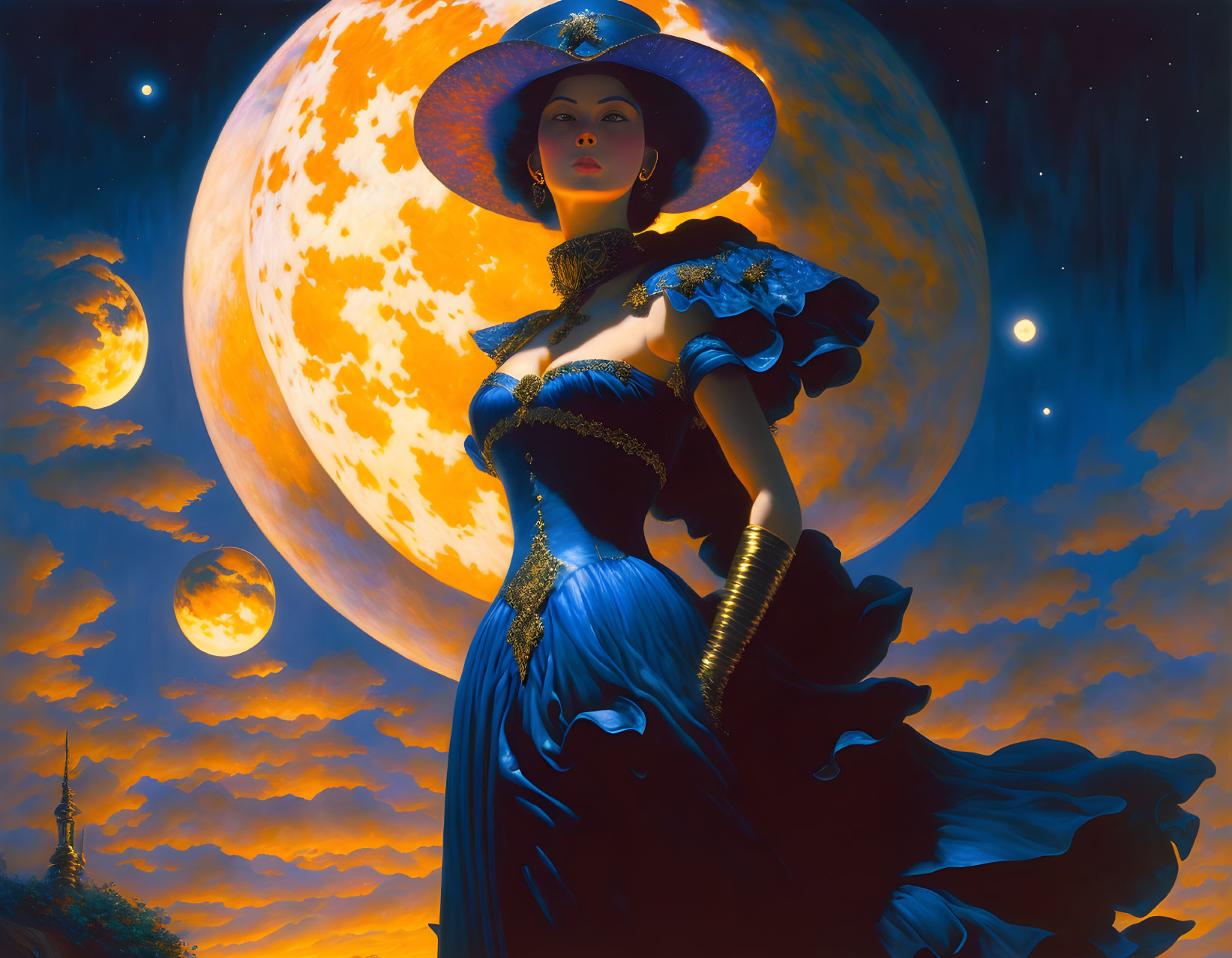 Woman in elegant blue dress under night sky with moon.