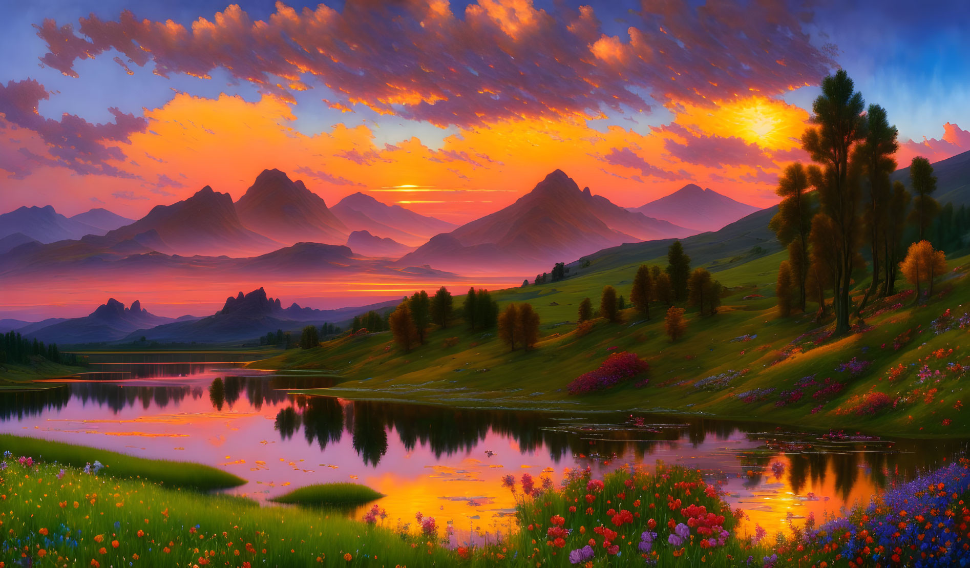 Scenic landscape with lake, hills, wildflowers, mountains, and sunset