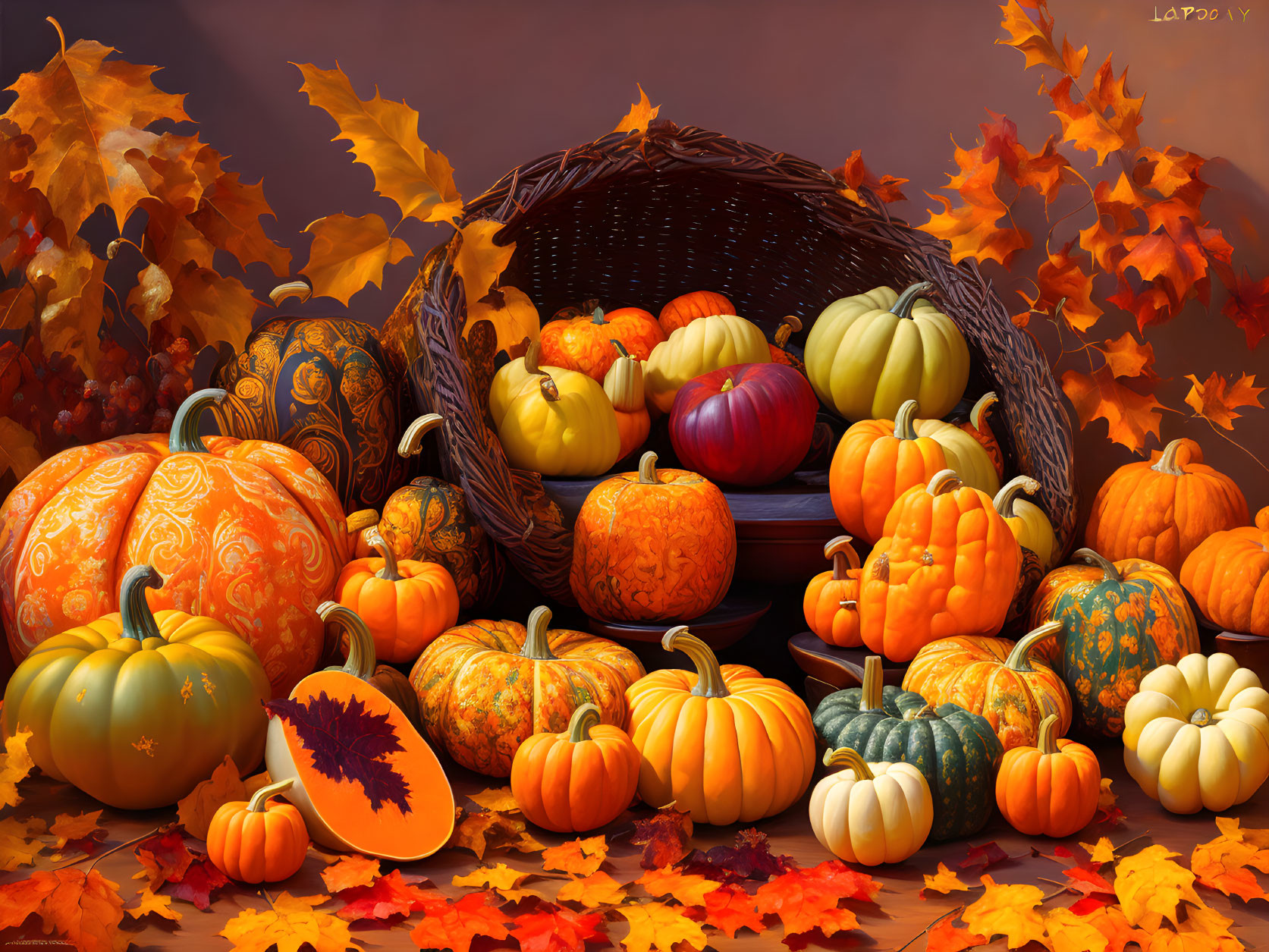 Ornate patterned pumpkins and gourds in wicker basket with autumn leaves