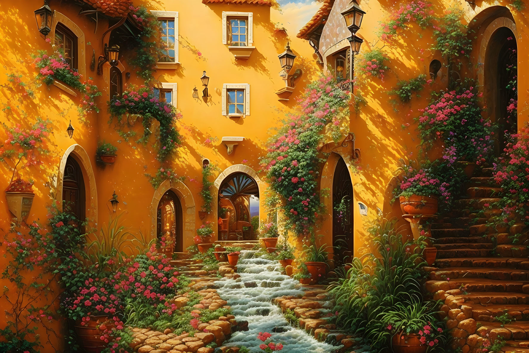 Vibrant flowering plants and traditional yellow buildings by cascading water stairs