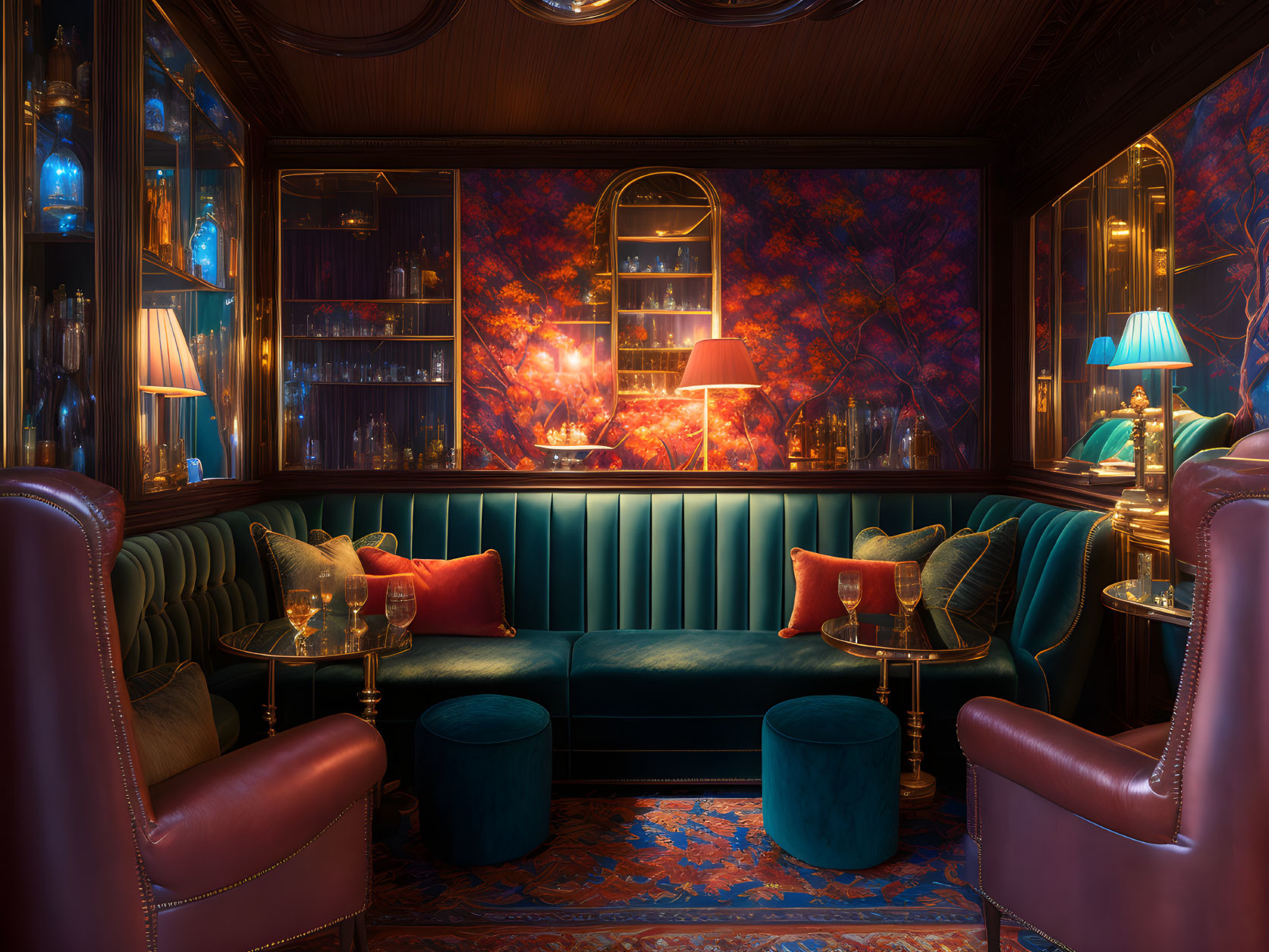 Sophisticated Bar Interior with Rich Blue and Red Tones