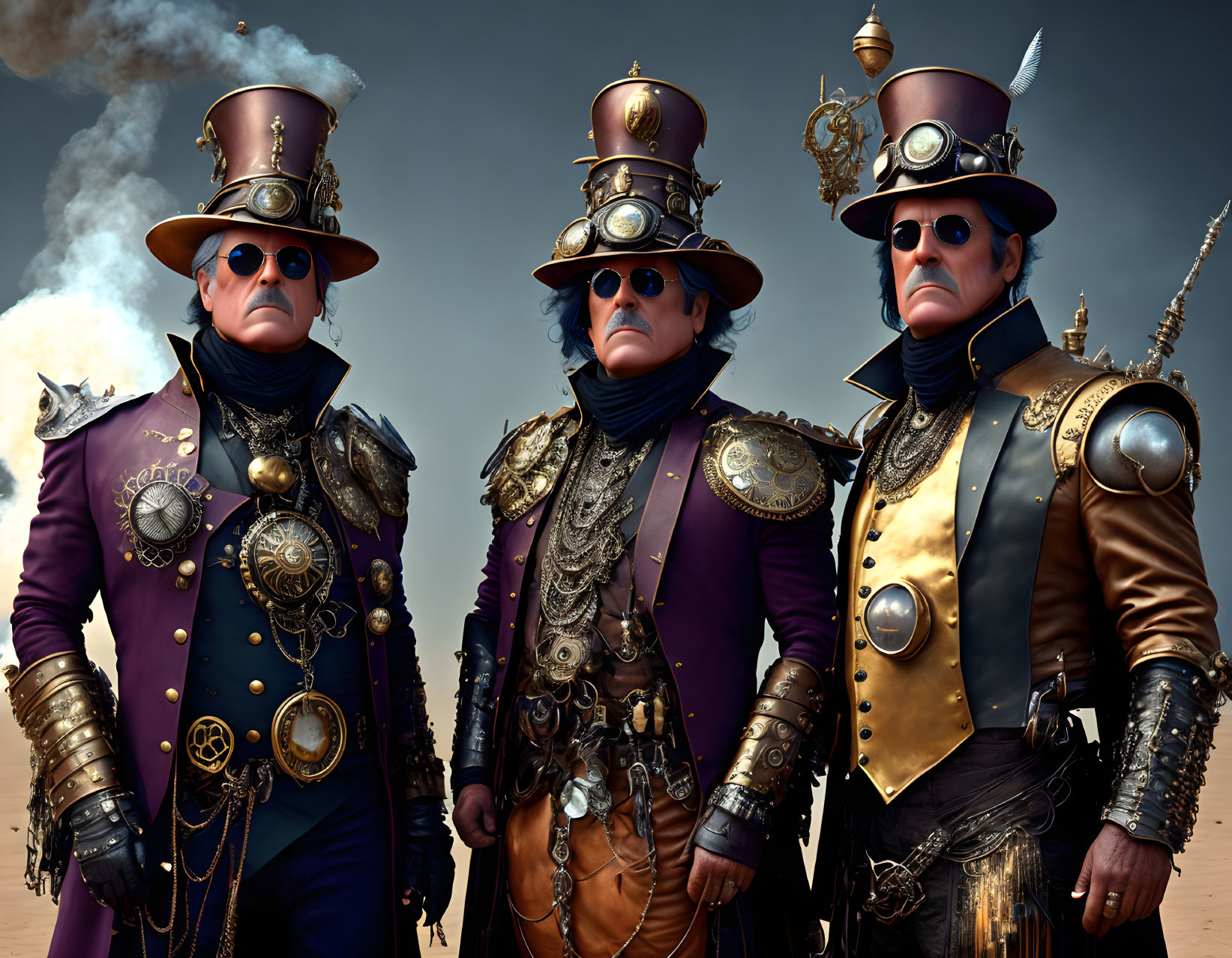 Three individuals in steampunk attire with top hats and goggles against sandy backdrop