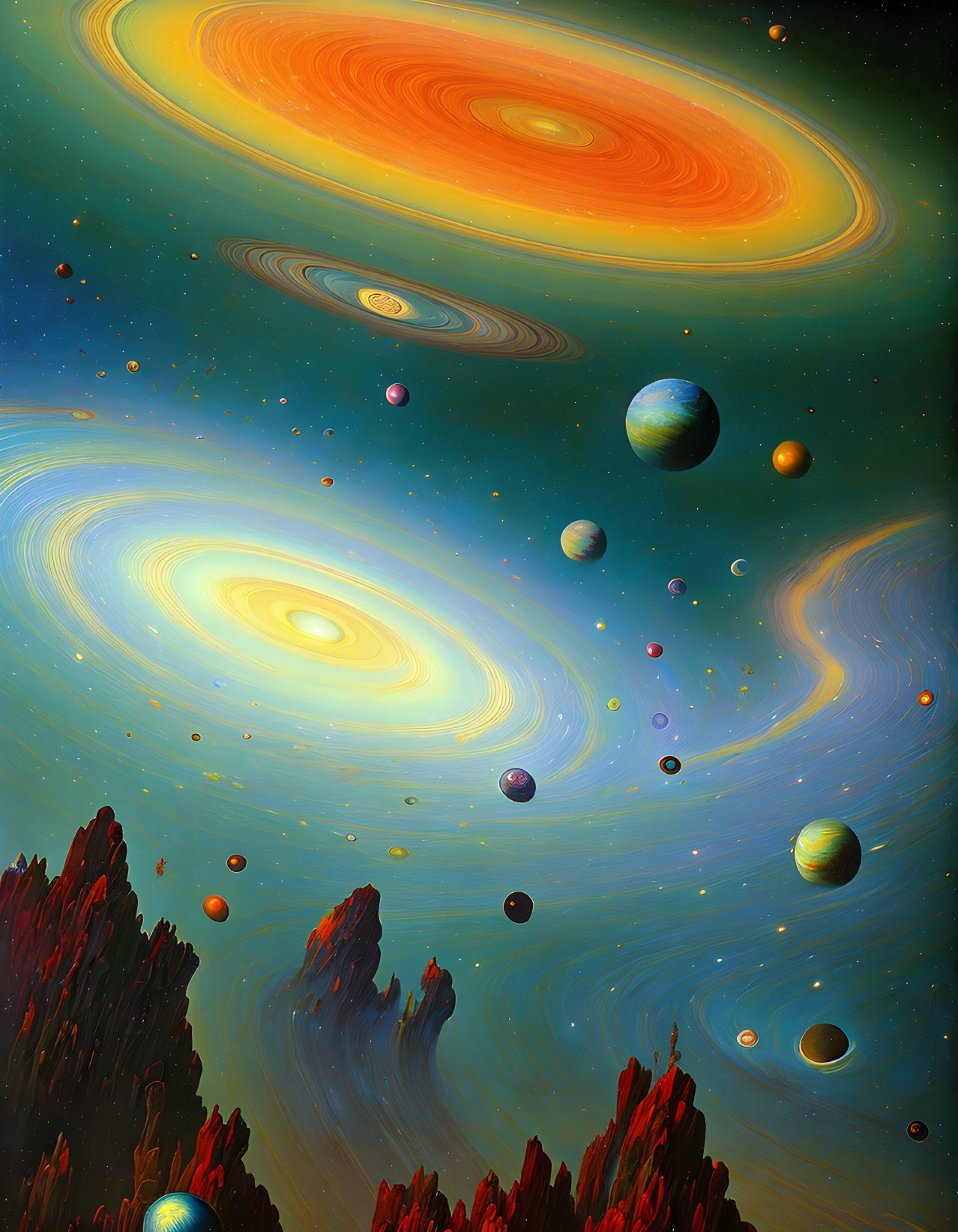 Colorful cosmic illustration with spiral galaxies, planets, and rocky formations