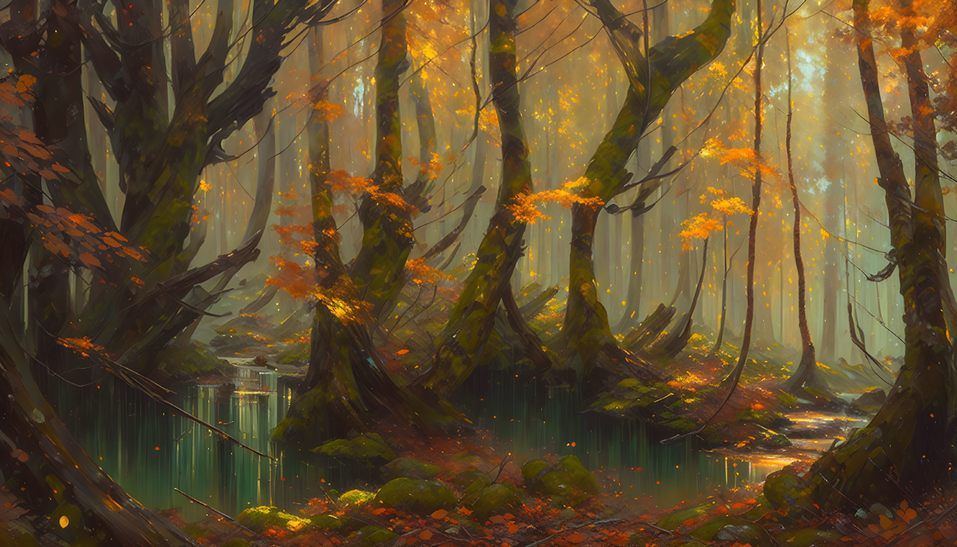 Ethereal autumn forest with mist, orange leaves, and tranquil pond