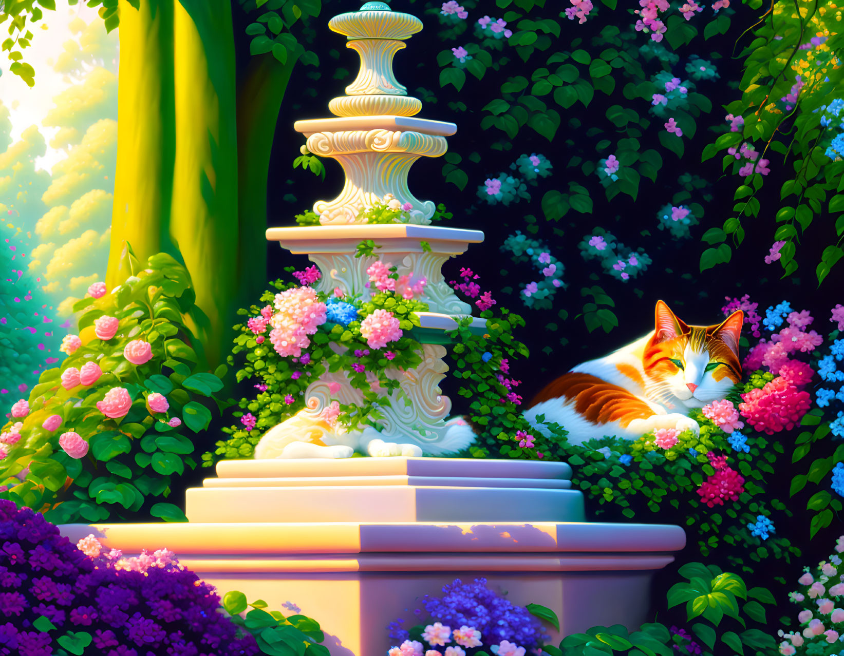 Orange and White Cat Relaxing by Classical Fountain and Flowers