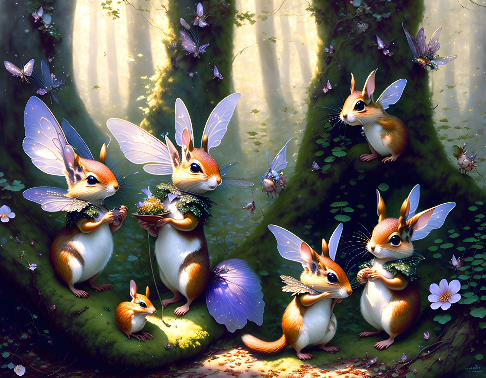 Magical squirrels with butterfly wings in glowing forest scene