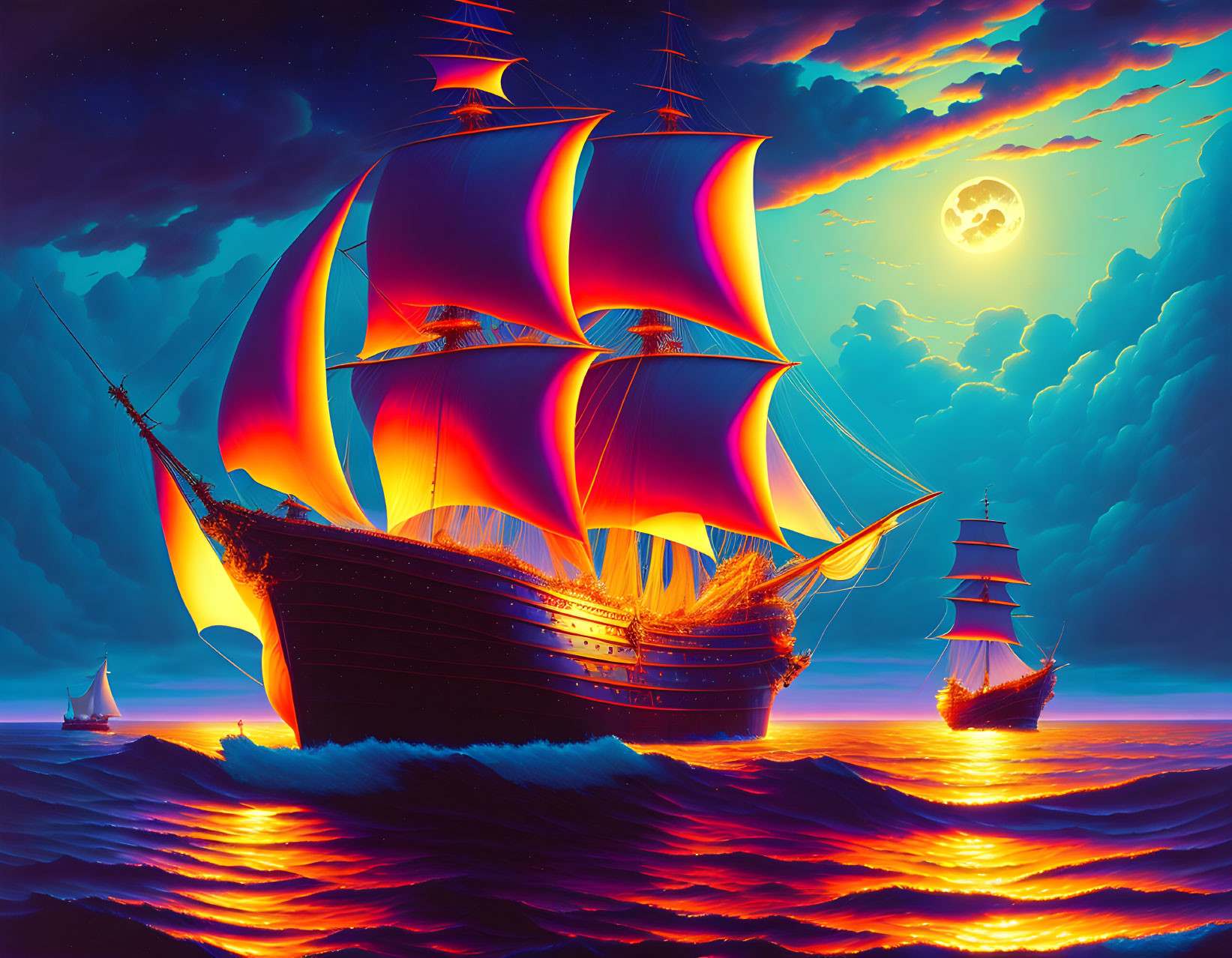 Moonlit sea scene featuring sailing ships with red sails
