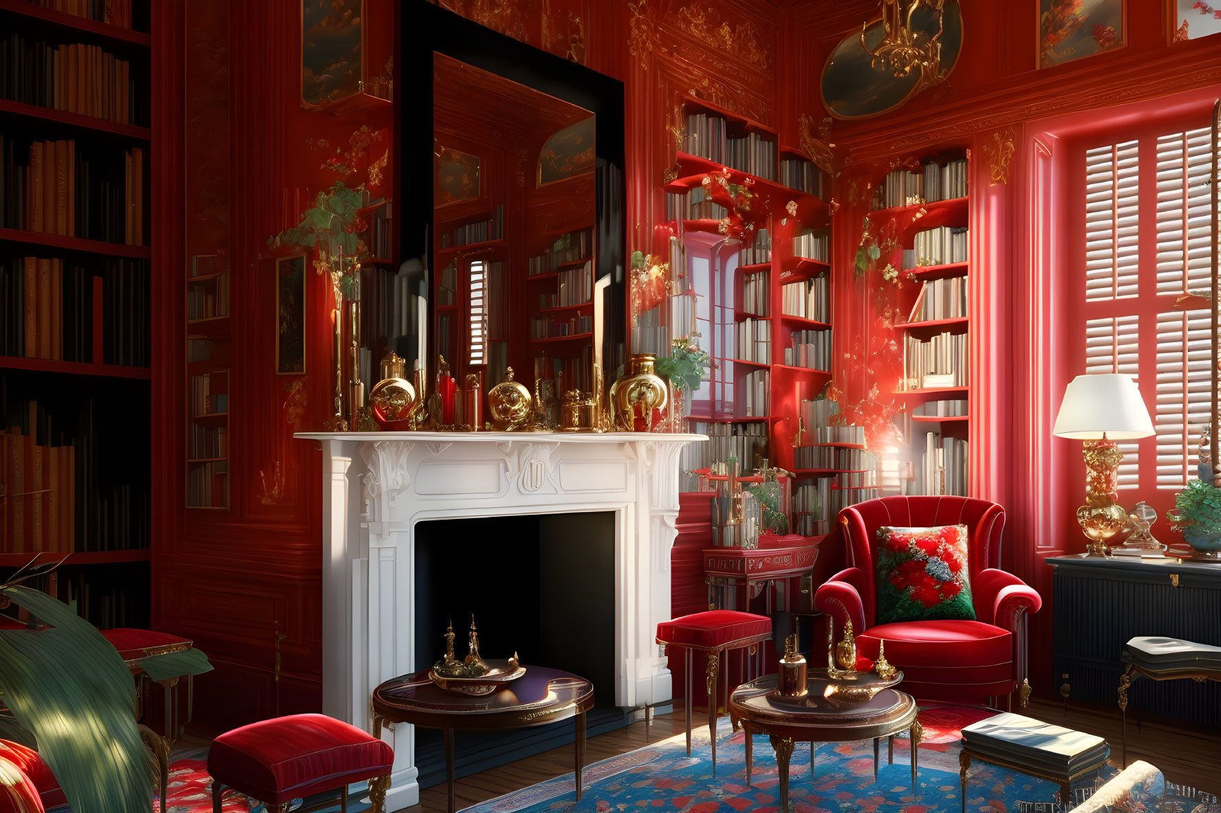 Luxurious red-themed library room with fireplace, armchair, bookshelves, and ornate decor