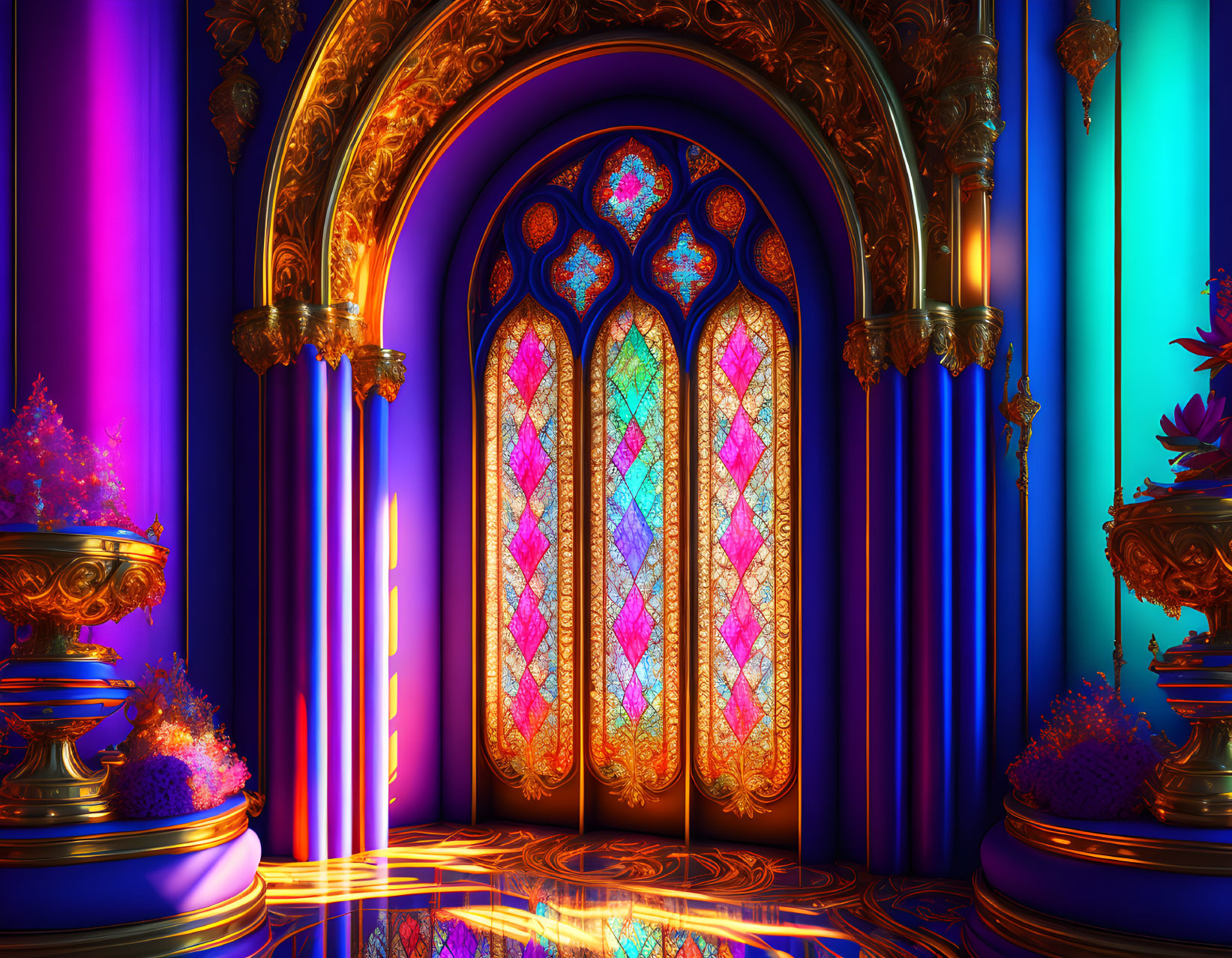 Colorful stained glass windows and golden arches in vibrant room with reflective floor and purple-blue lighting.