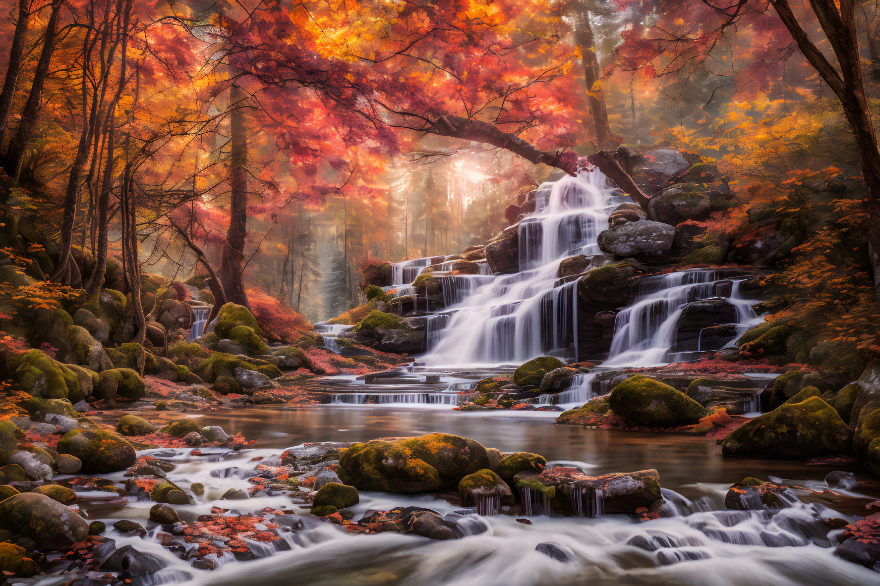 Tranquil autumn waterfall with mossy rocks and vibrant foliage