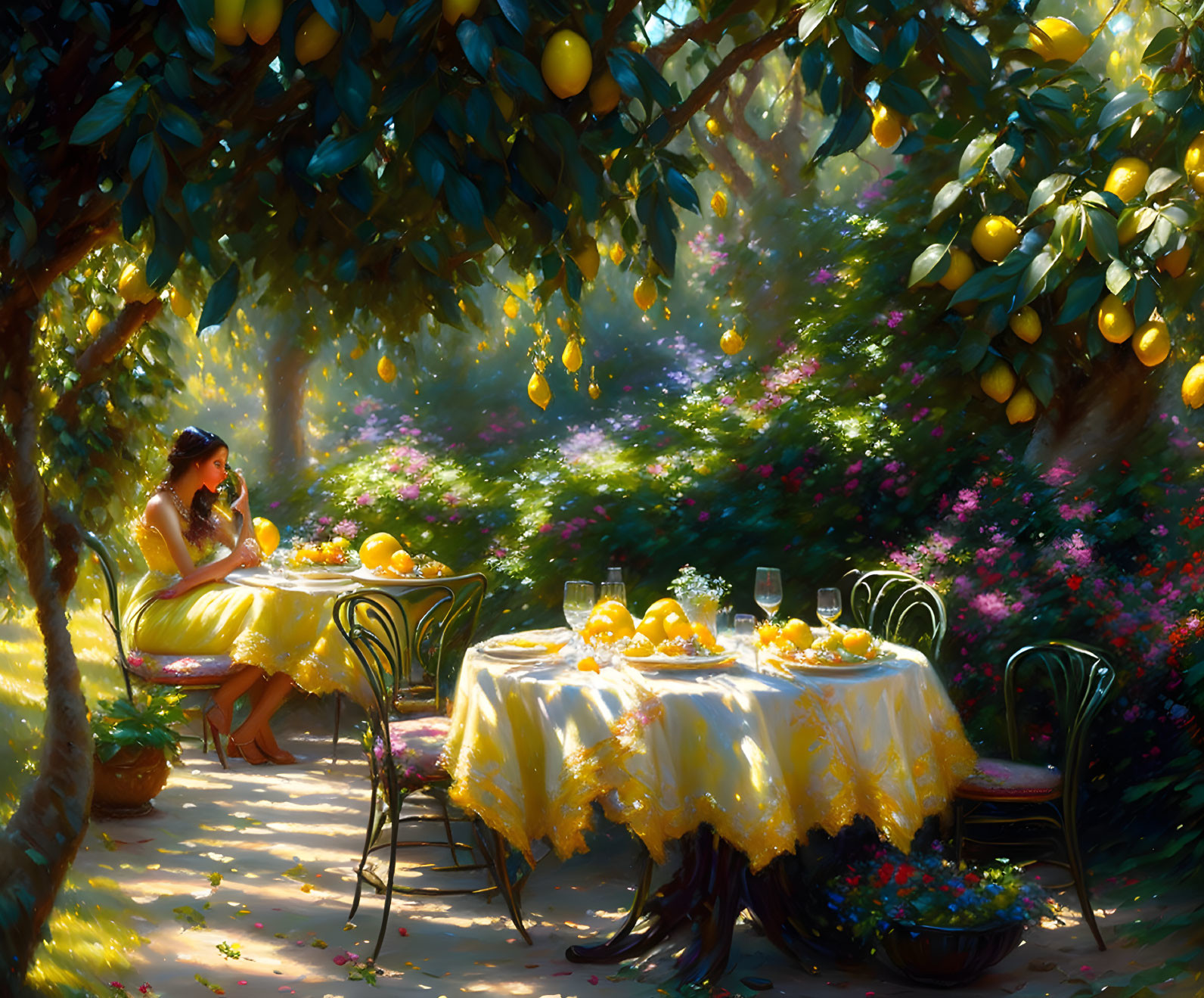 Woman in Lemon Garden Under Sunlit Canopy