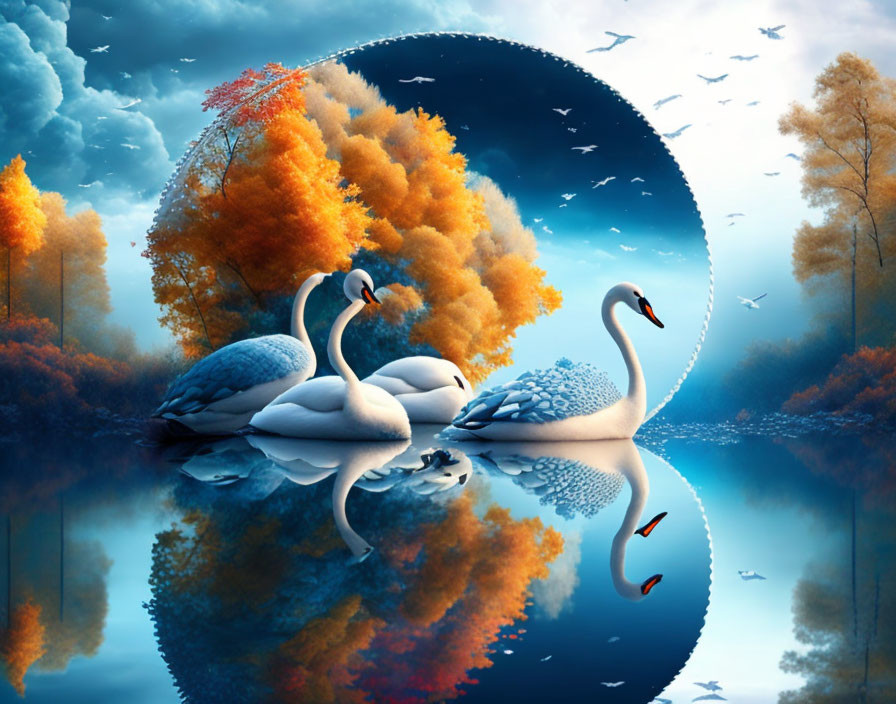 Tranquil lake scene with swans and surreal autumn portal