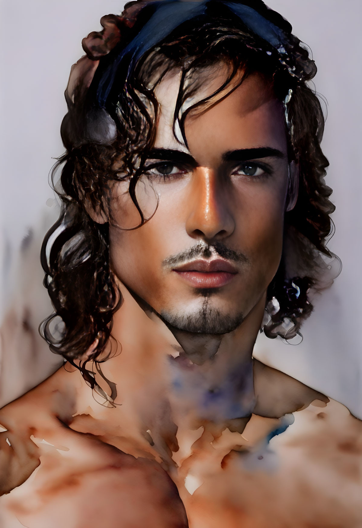 Long Curly Hair Man Portrait with Intense Gaze and Watercolor Effects