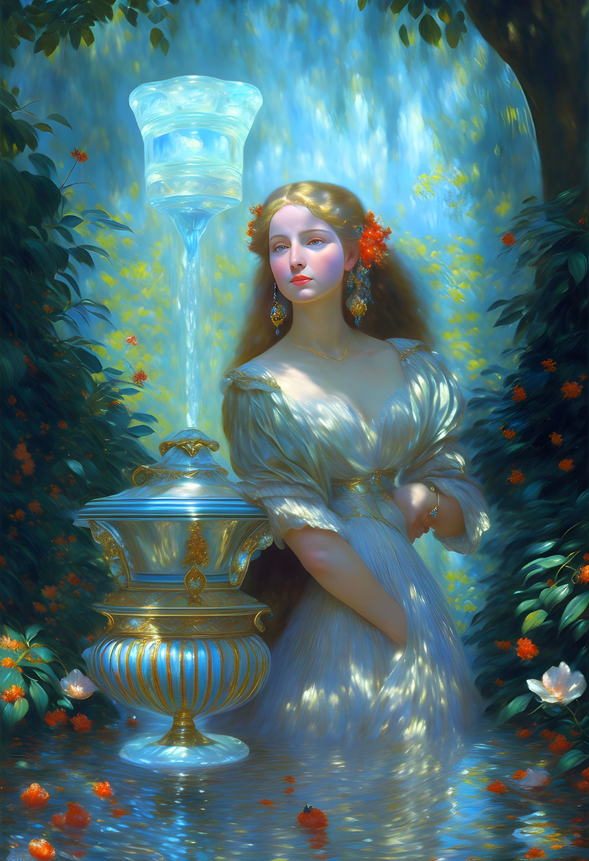 Woman in flowing gown next to golden vessel in blue forest glade