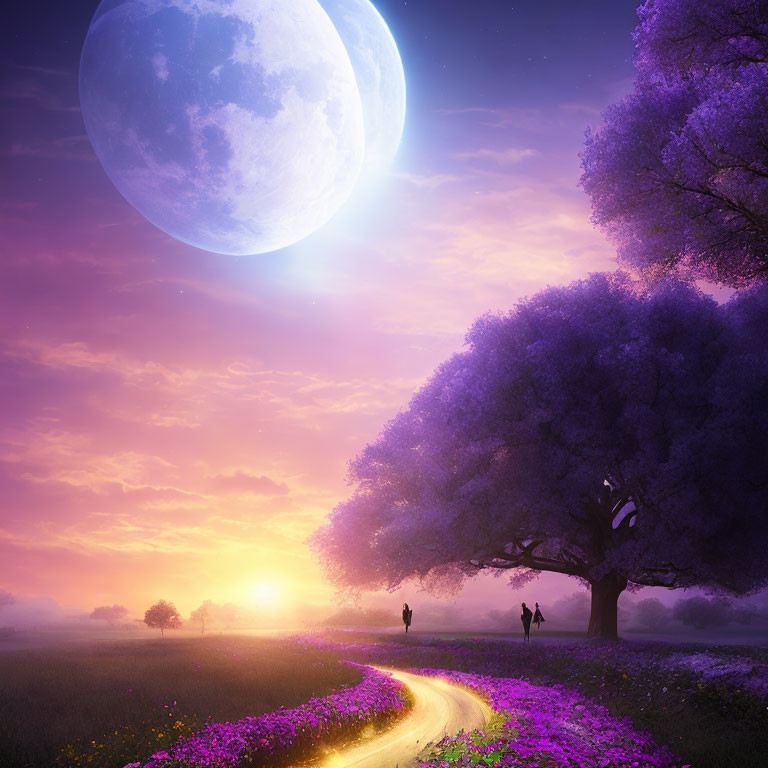 Surreal dusk landscape with large moon, purple trees, winding path, flowers, and figures walking