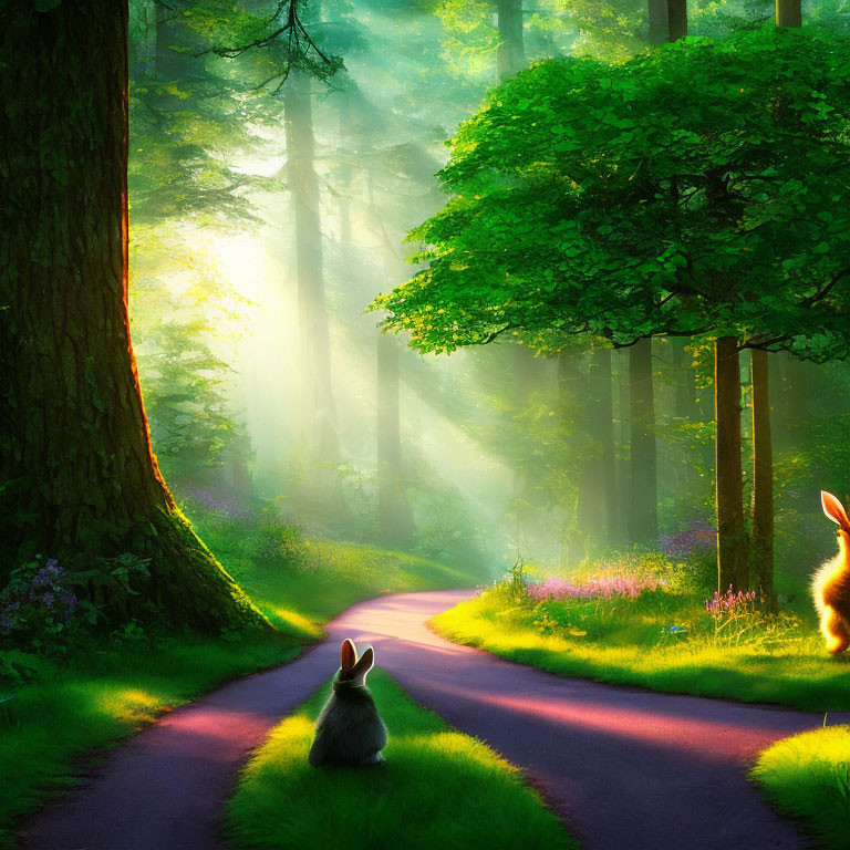 Tranquil Forest Scene: Sunlight, Trees, Rabbit