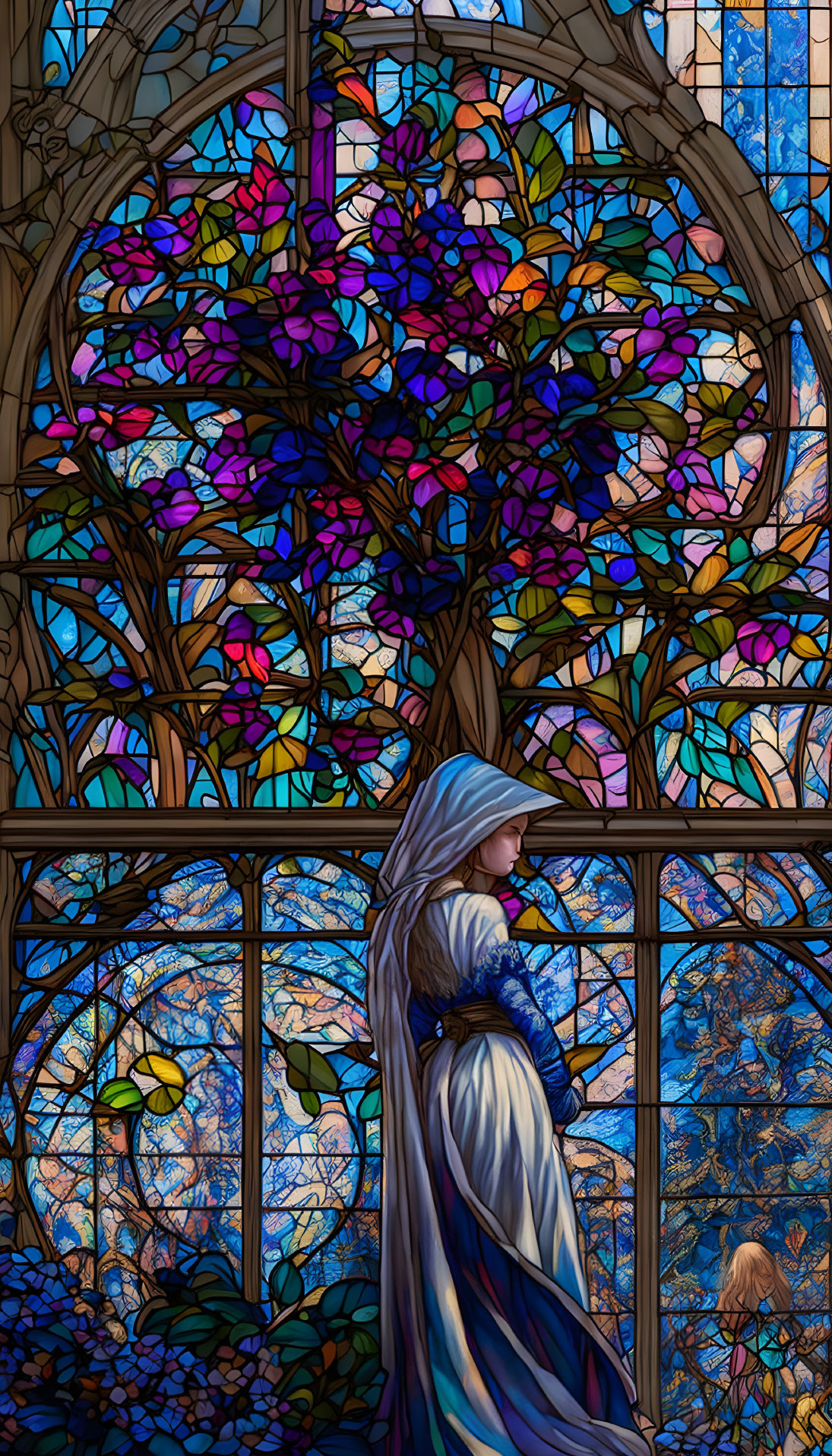 Medieval woman in ornate room with stained glass windows