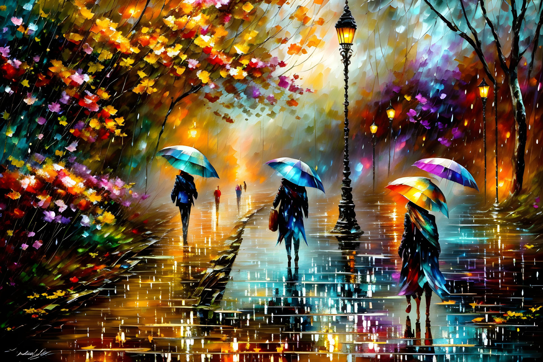 Vibrant oil painting of people with umbrellas on a rainy cobblestone street