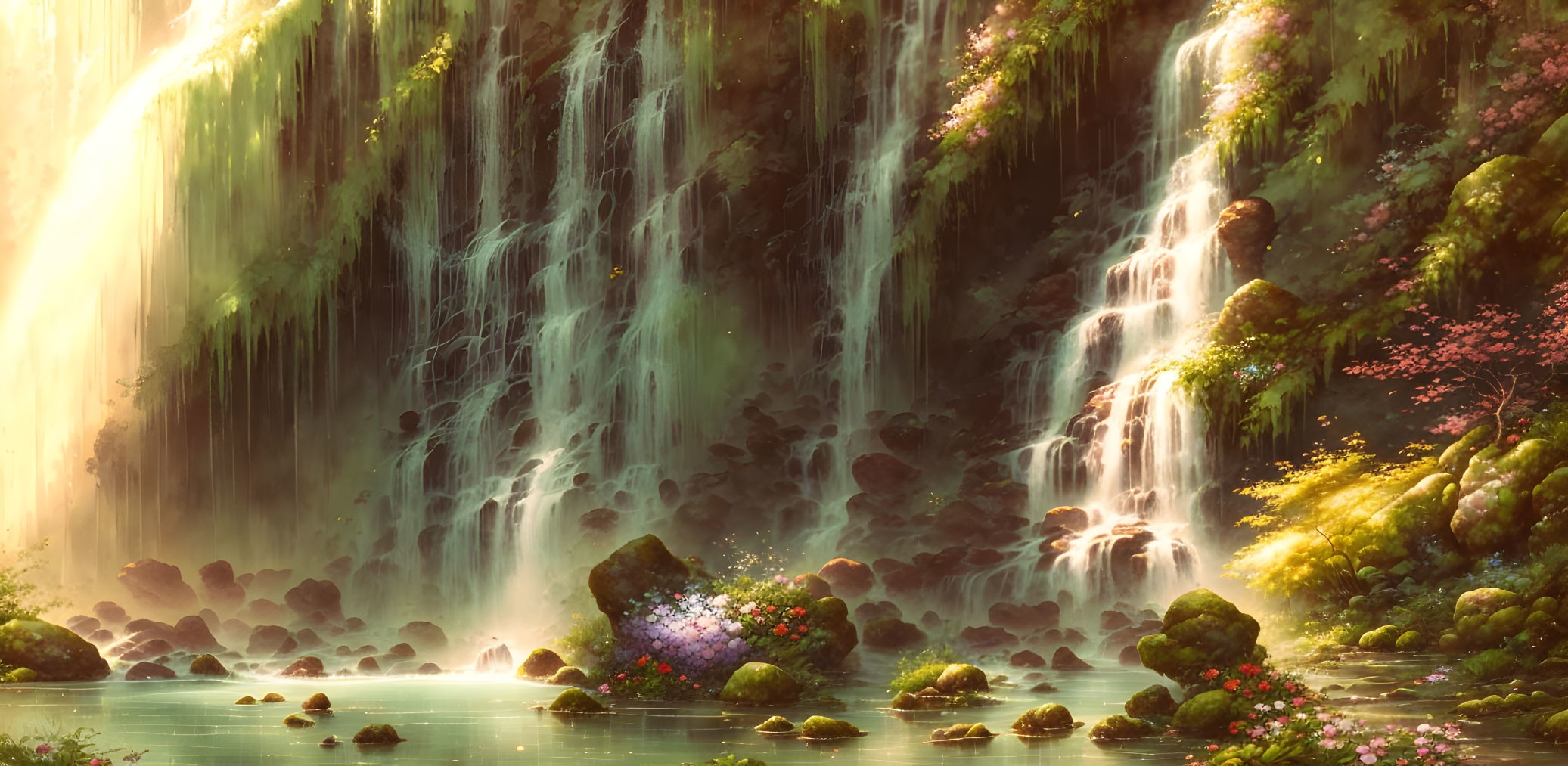 Tranquil waterfall oasis with lush greenery and colorful flowers