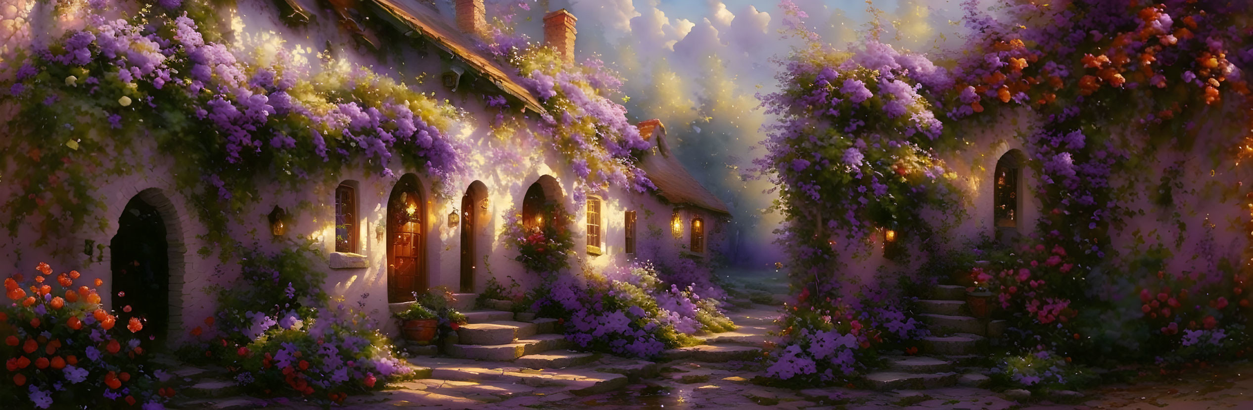 Tranquil cobblestone pathway with glowing cottages and purple blooms