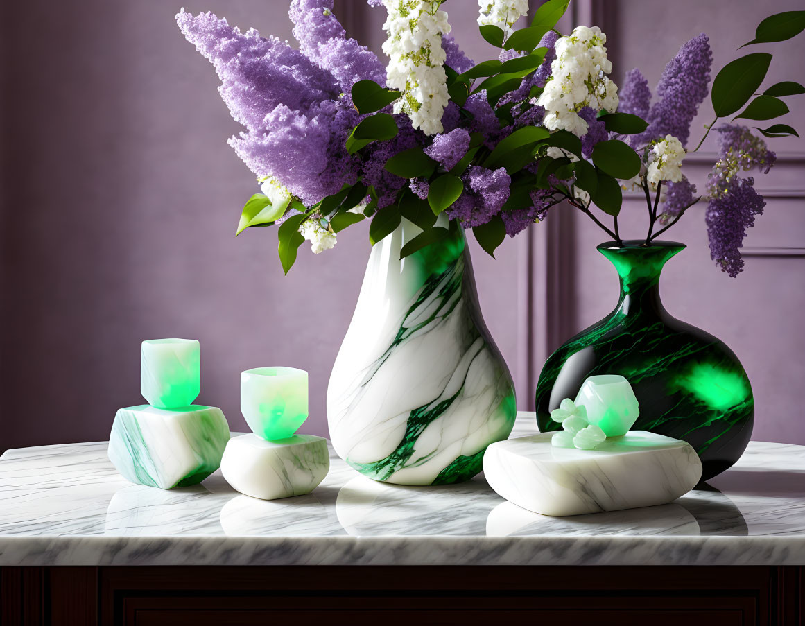 Marble vases, candles, lilac, and white flowers on purple tabletop